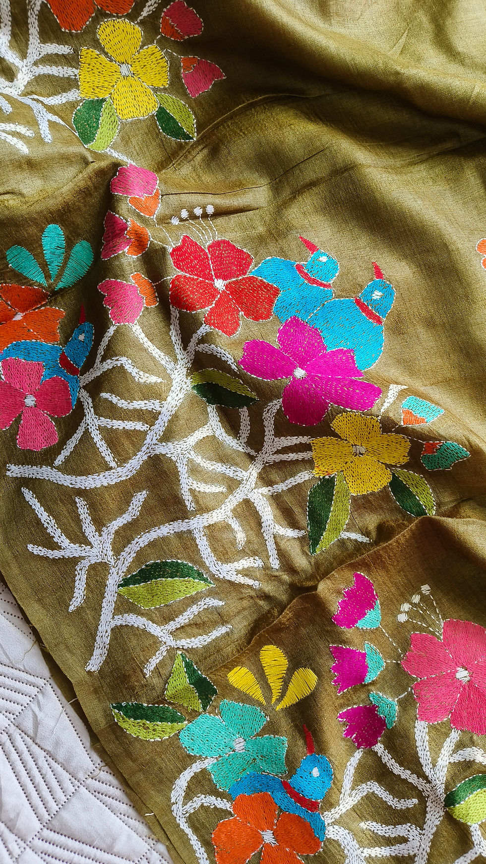 Handcrafted Kantha hand embroidered Pure Gachi Tussar Silk Saree with multicolour love bird and floral motifs