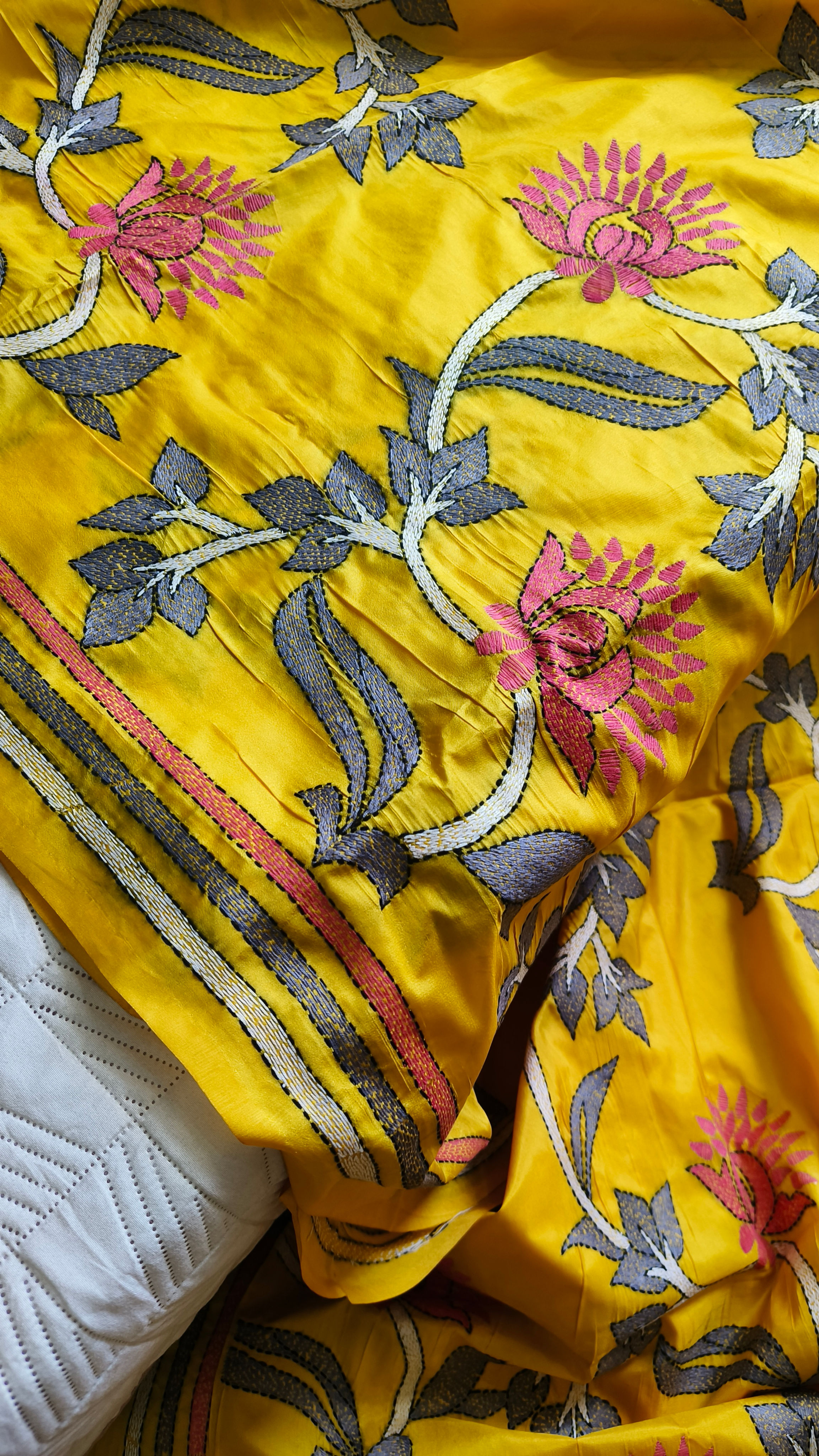Peach handcrafted Kantha Bangalore Silk Saree with traditional hand embroidery