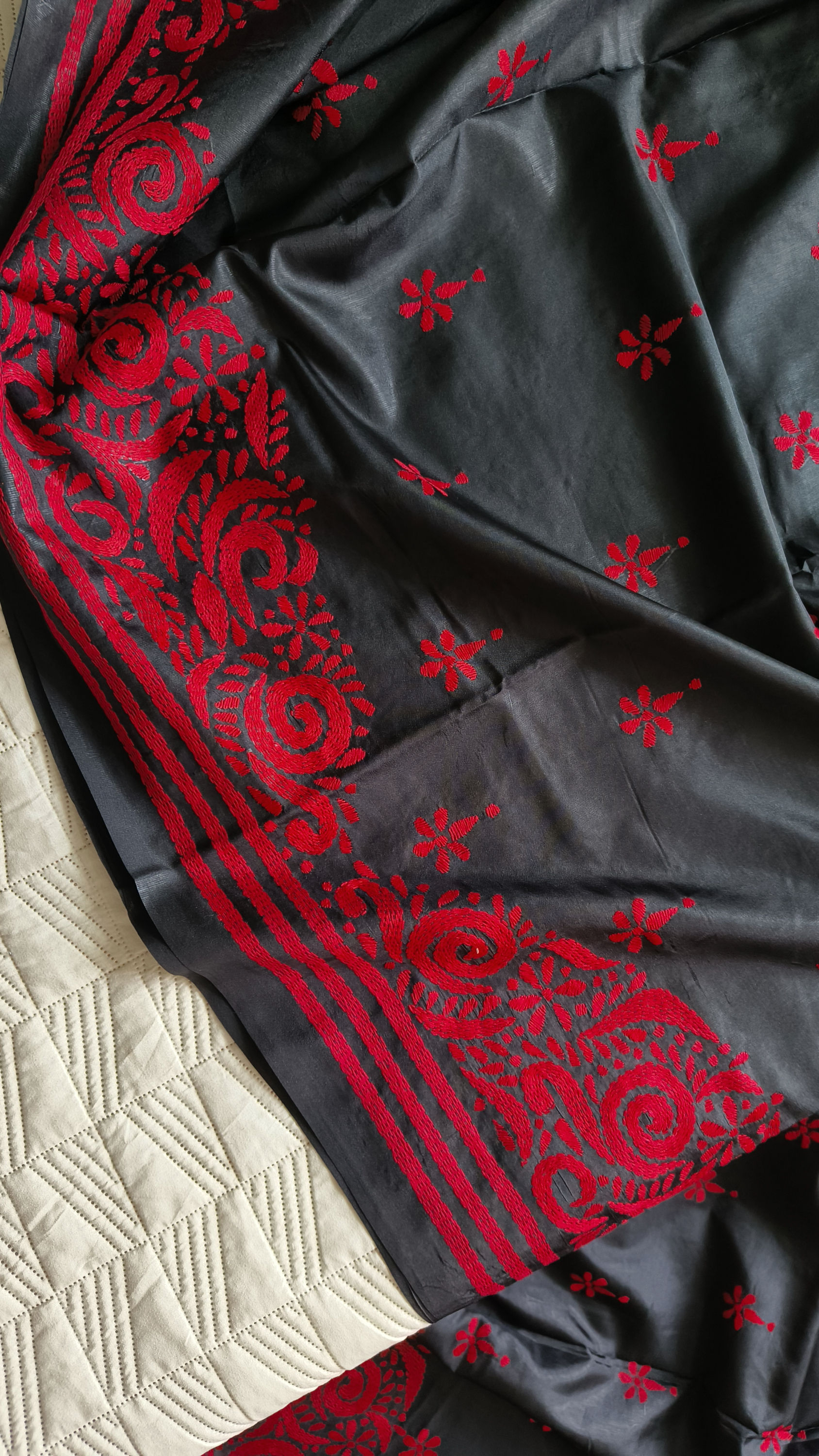 Handcrafted Kantha Bangalore Silk Saree- Black with red