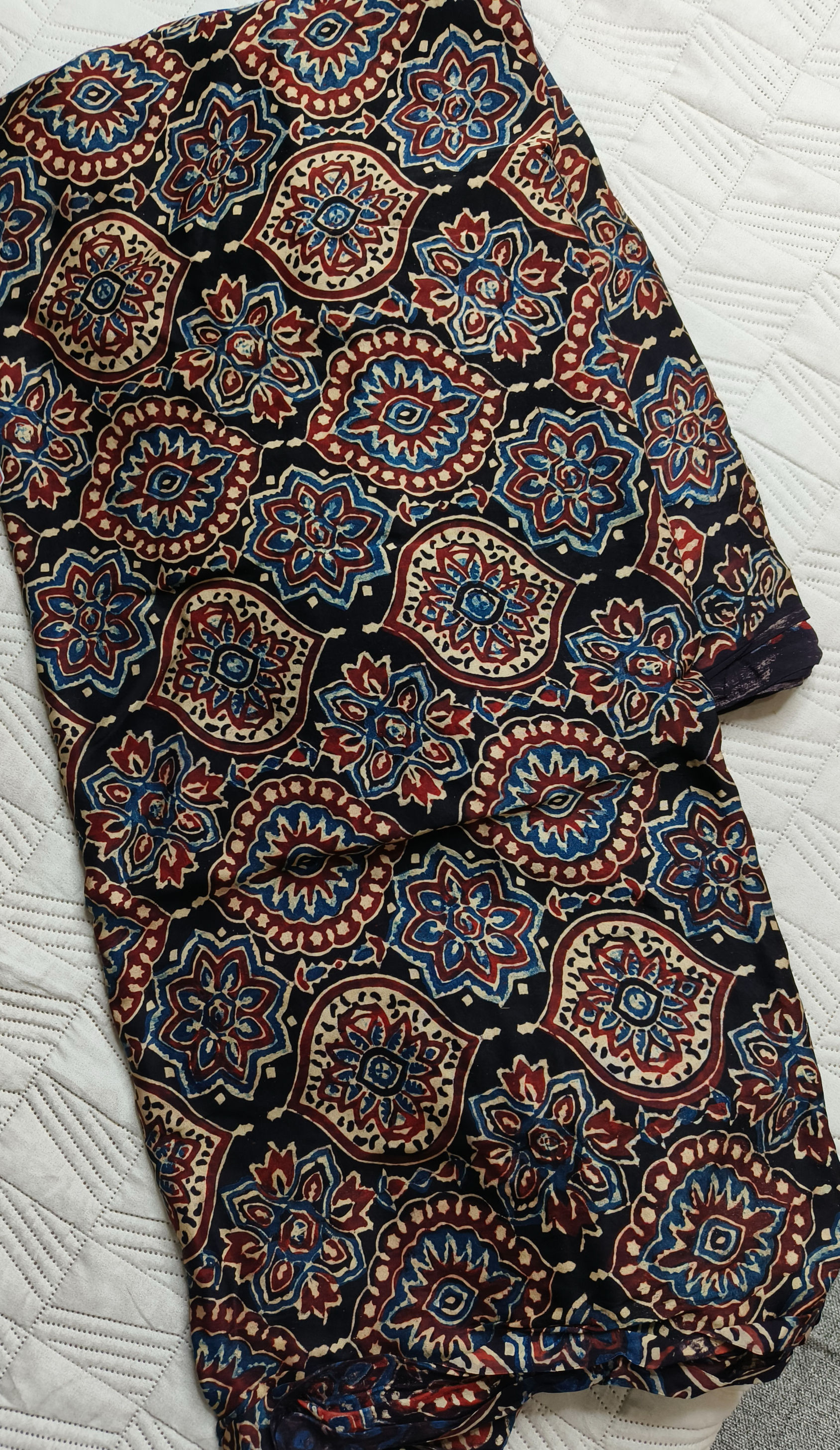 Modal Silk Ajrakh Hand Block Printed One Meter Fabric- Black Badaam