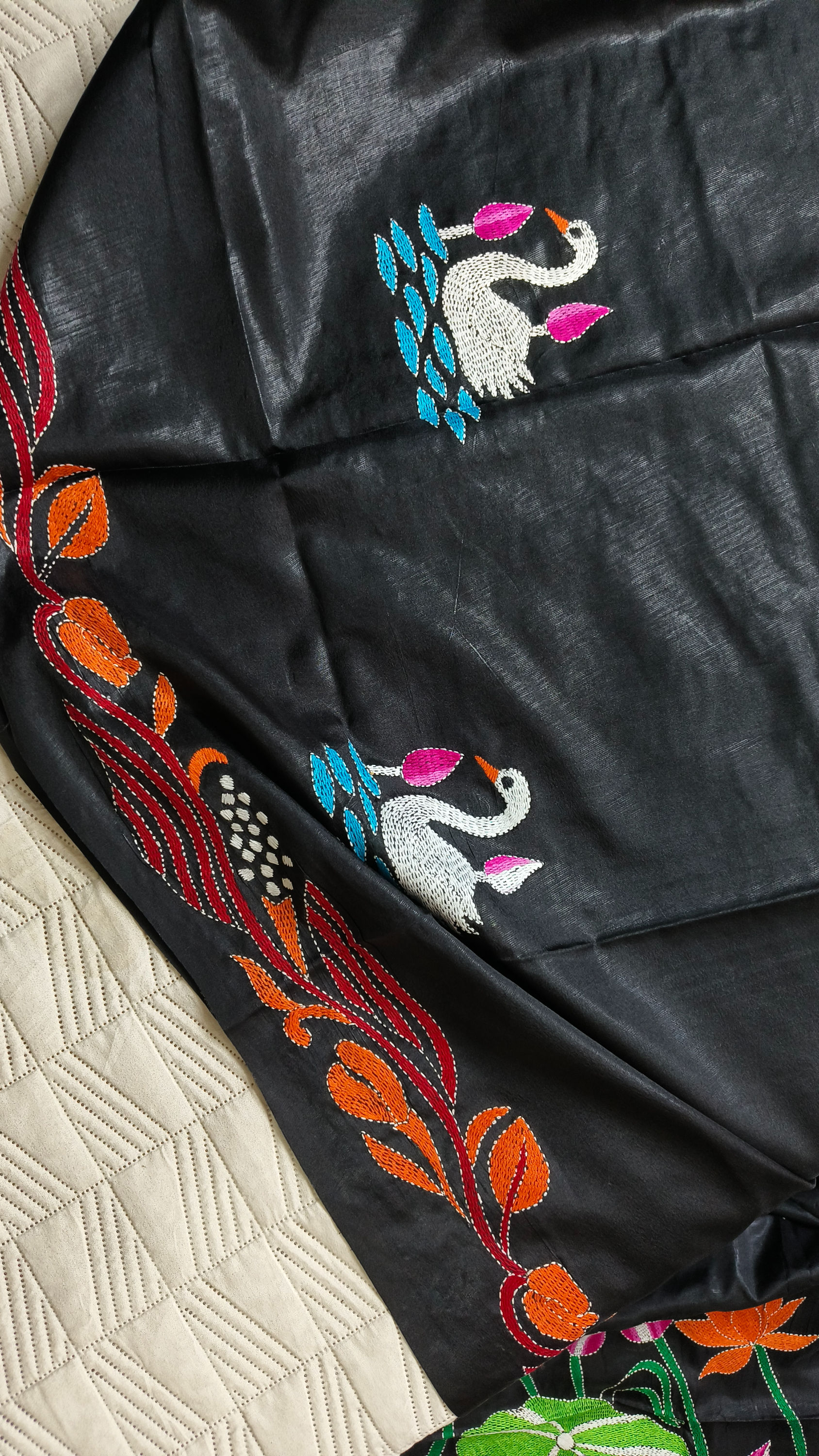 Handcrafted black Kantha Saree with Swan and Lotus motifs