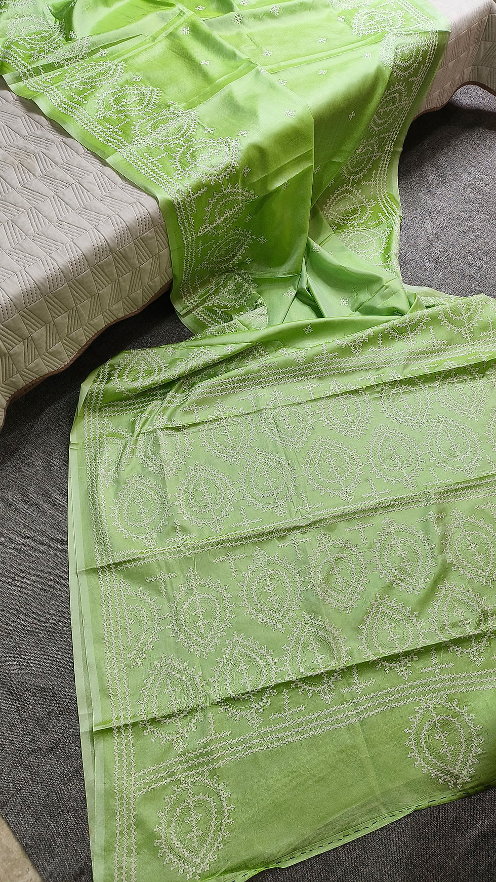 Thumbnail: Kutch work hand embroidery on pista green silk saree for mehendi ceremony