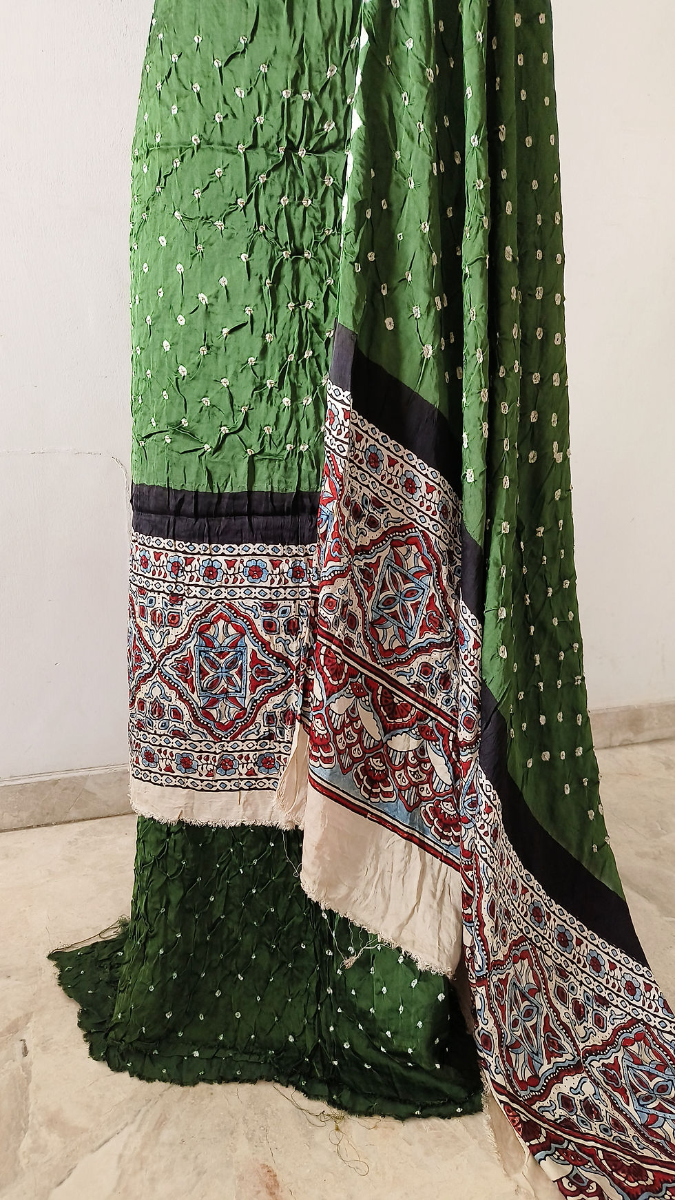 Thumbnail: Ajrakh Bandhani Modal Silk 3 Piece Suit Se Fabric MildGreen