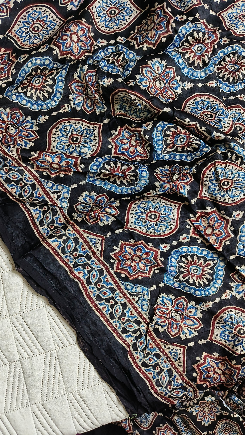 Traditional Ajrakh hand block print on saree body