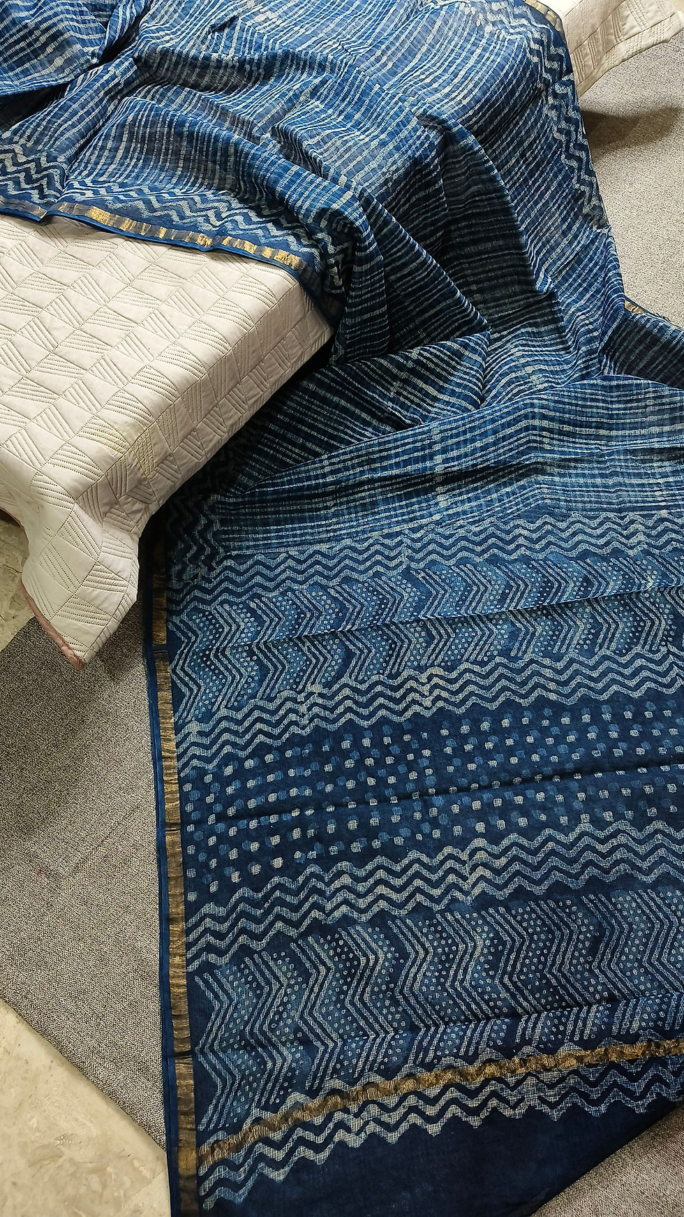Kota Doria handblock printed saree with Dabu and Bagru print