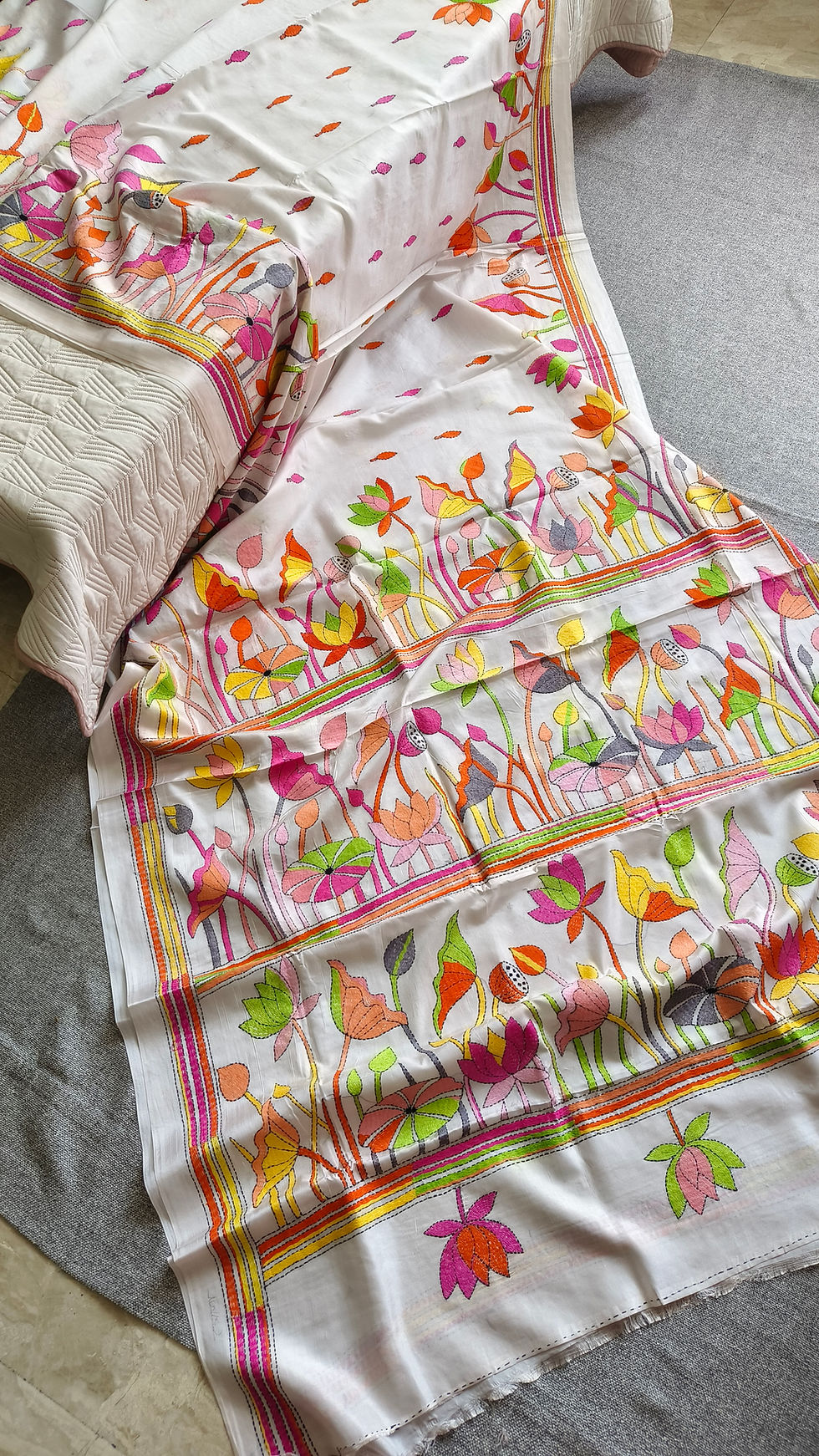 Kantha Handwork Silk Saree- White Garden