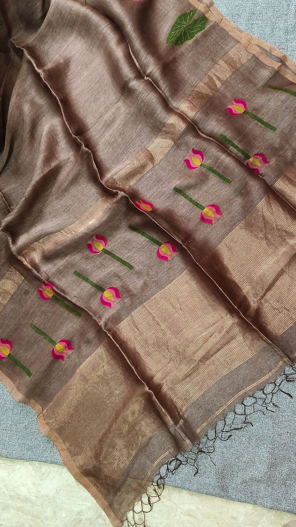 Handwoven silk linen saree with lotus