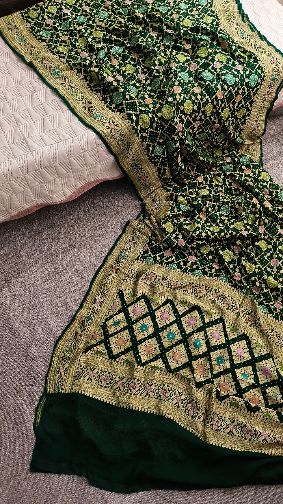 Banarasi Rai Bandhej georgette saree with Meena work in bottle green