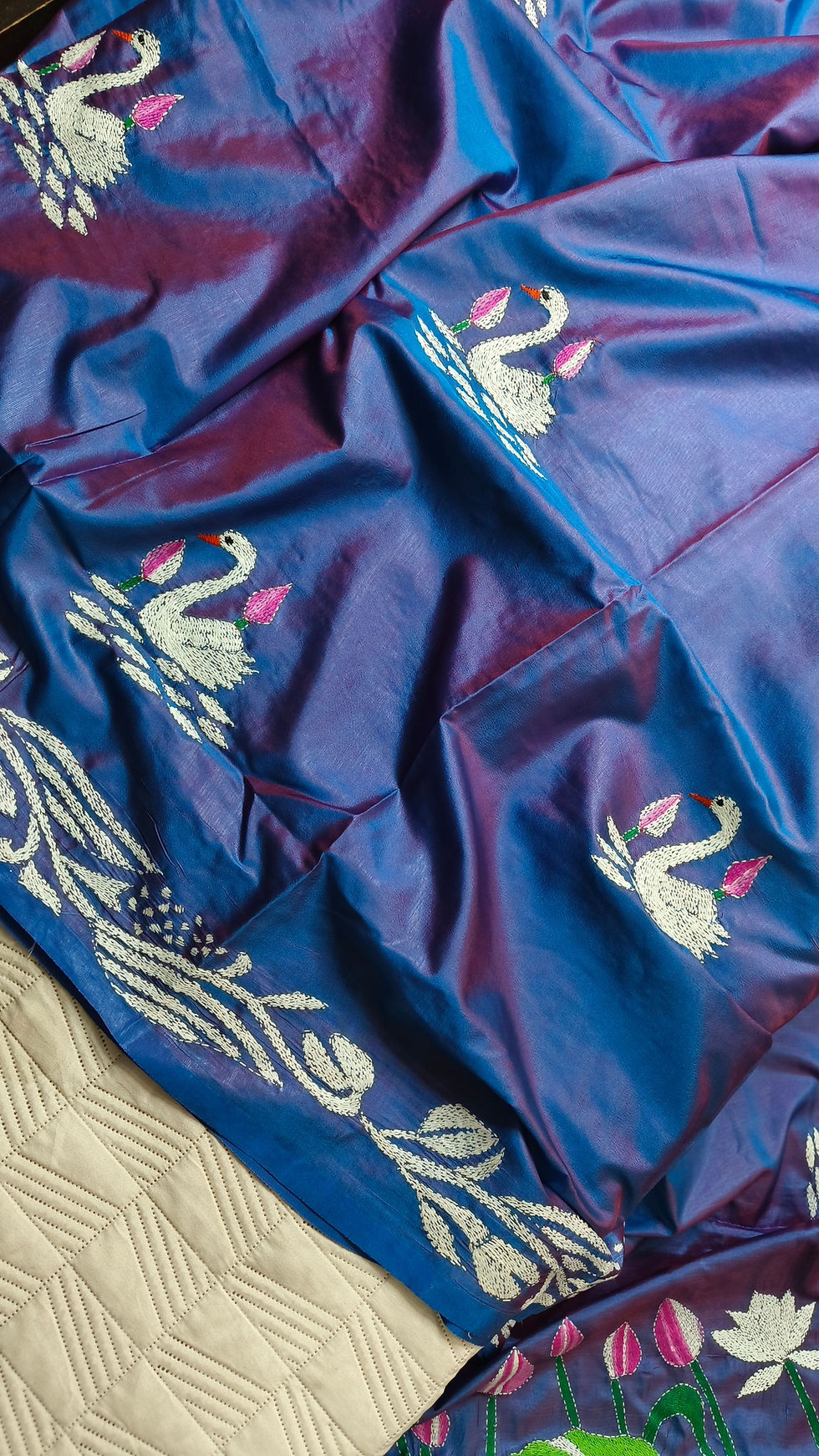 Dhupchaanv Kantha Hand Embroidered Silk Saree with Swan Motif