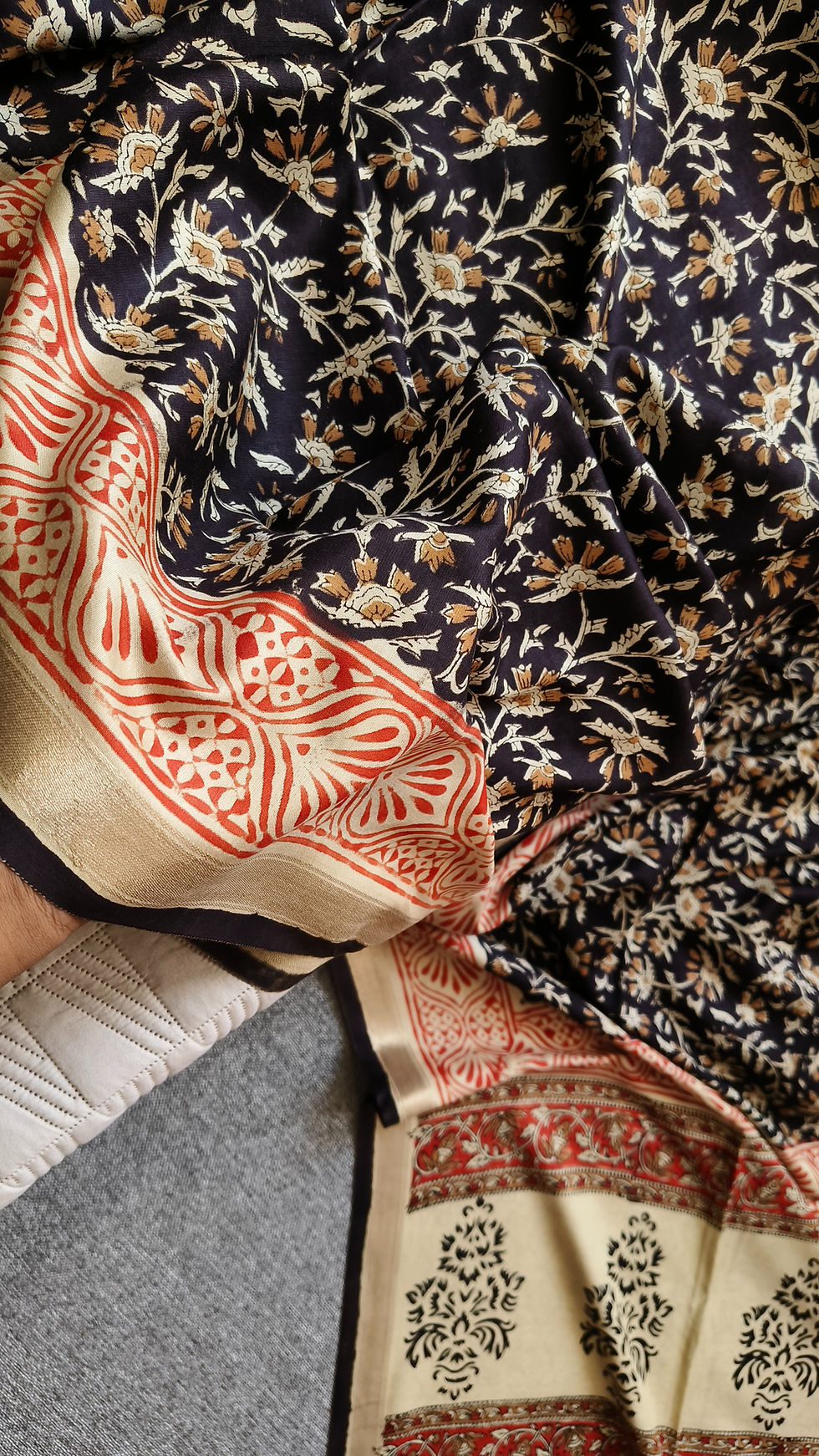 Thumbnail: Close-up of Vanaspati handblock black garden motifs on modal silk saree
