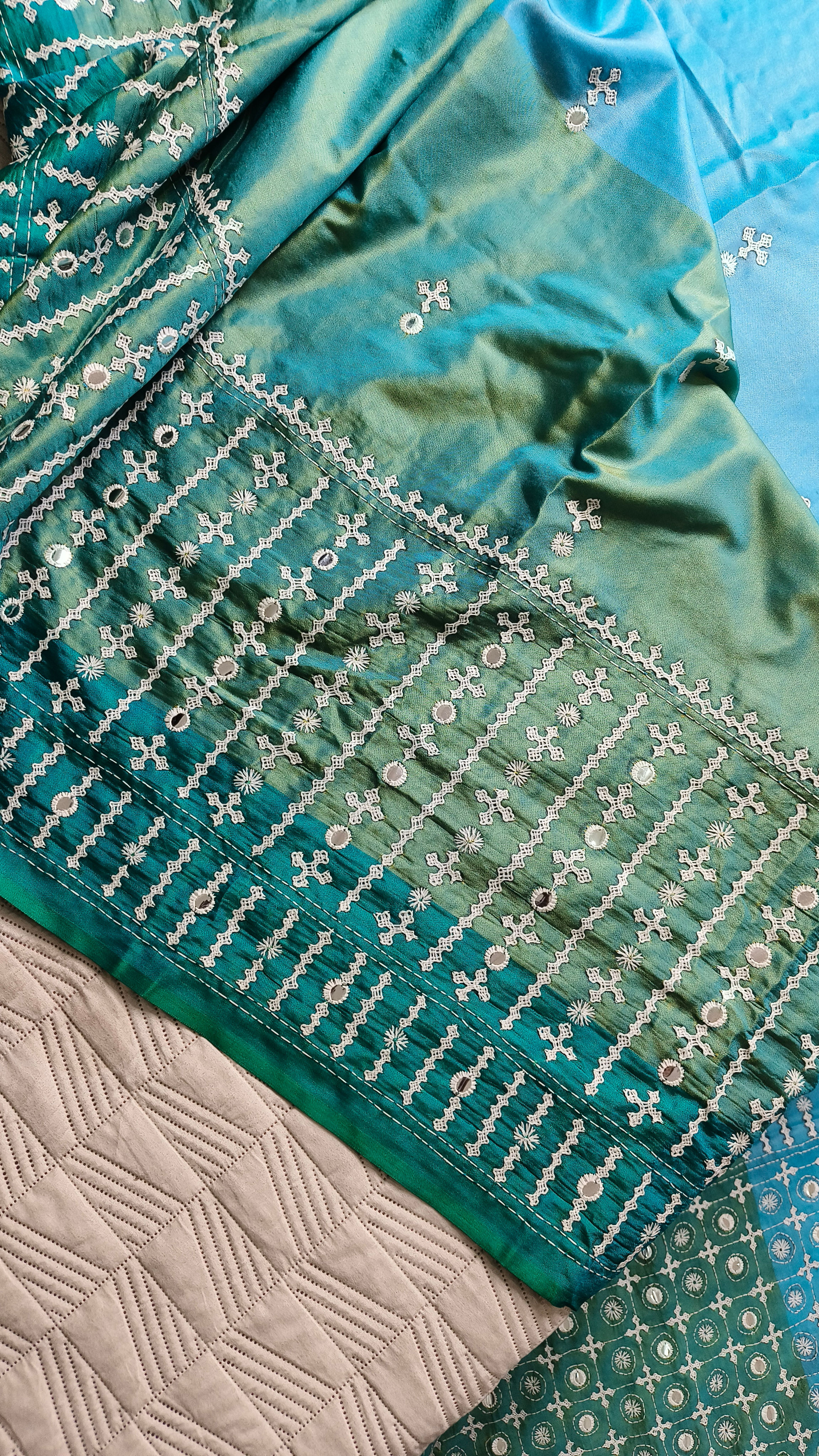 Kutchi Bharat Hand Embroidered Silk Saree – White Thread Work