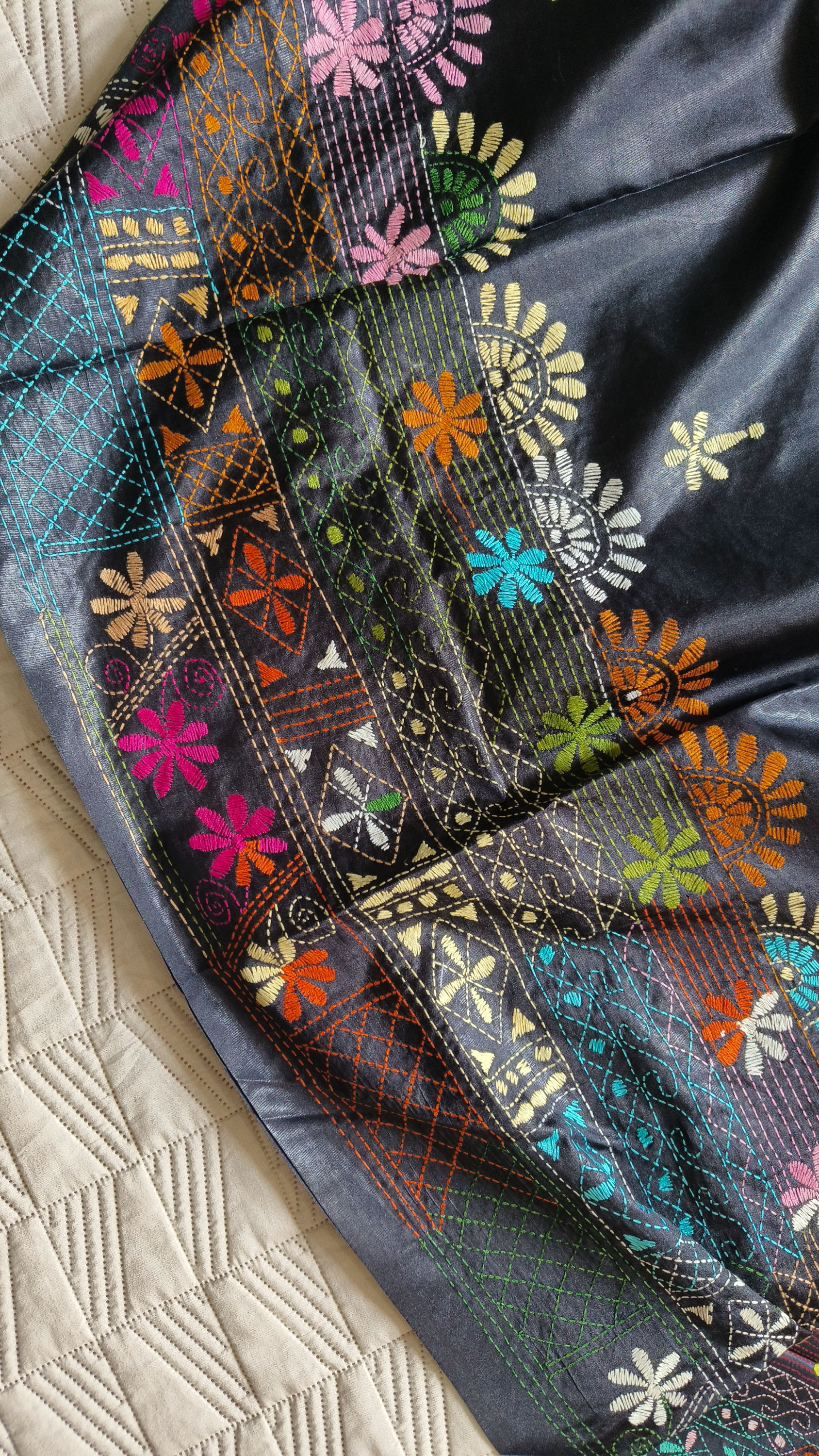 Lambani Hand Embroidered Silk Saree – Black with Multicolour Thread