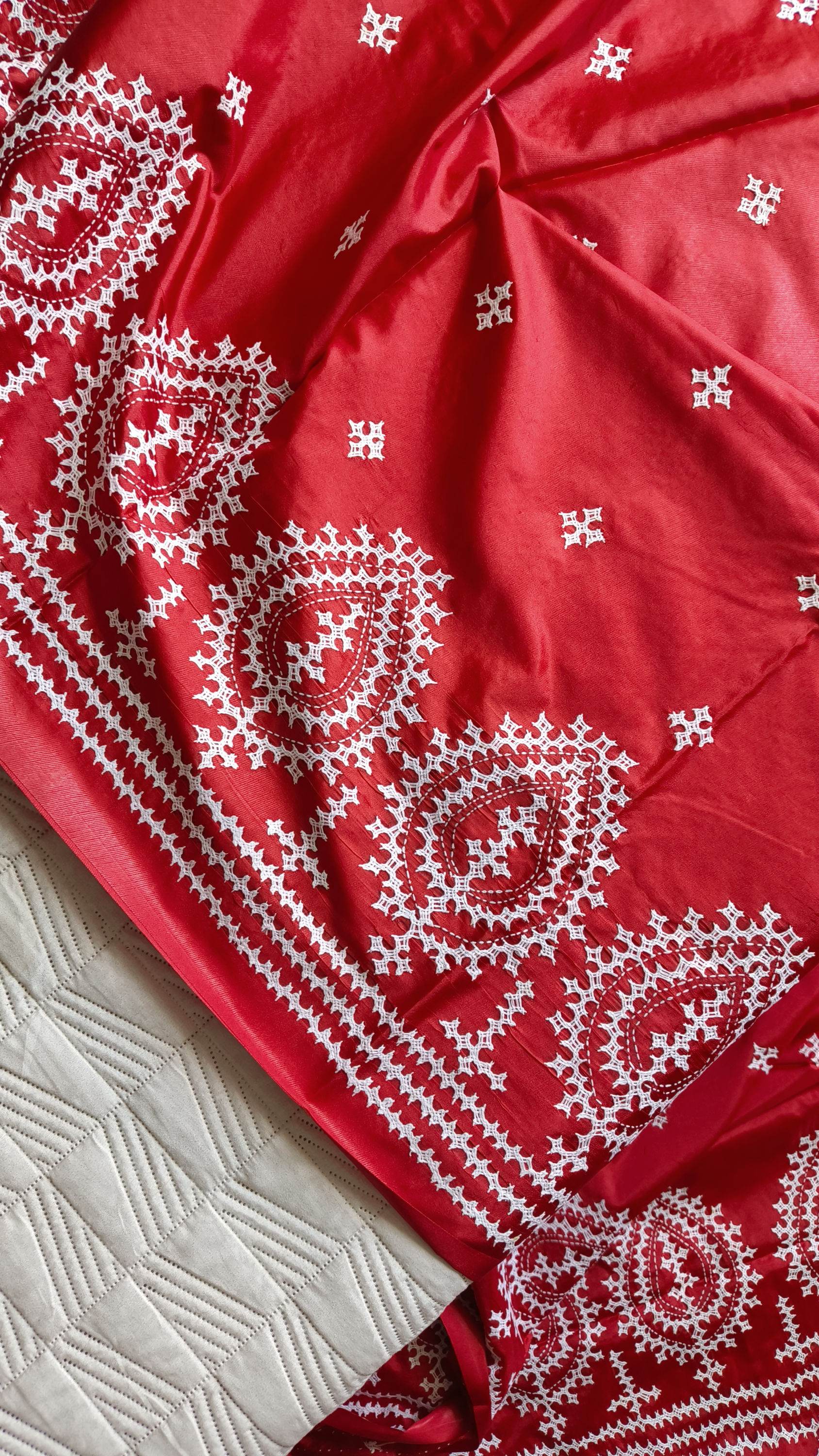 Red and White Kutchi Bharat Hand Embroidered Silk Saree