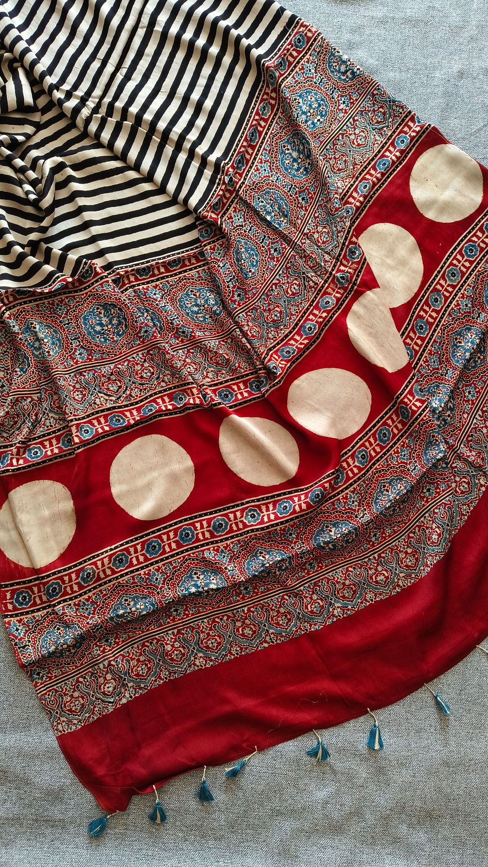 Thumbnail: Beautiful contrast red pallu naturally dyed and handblock printed