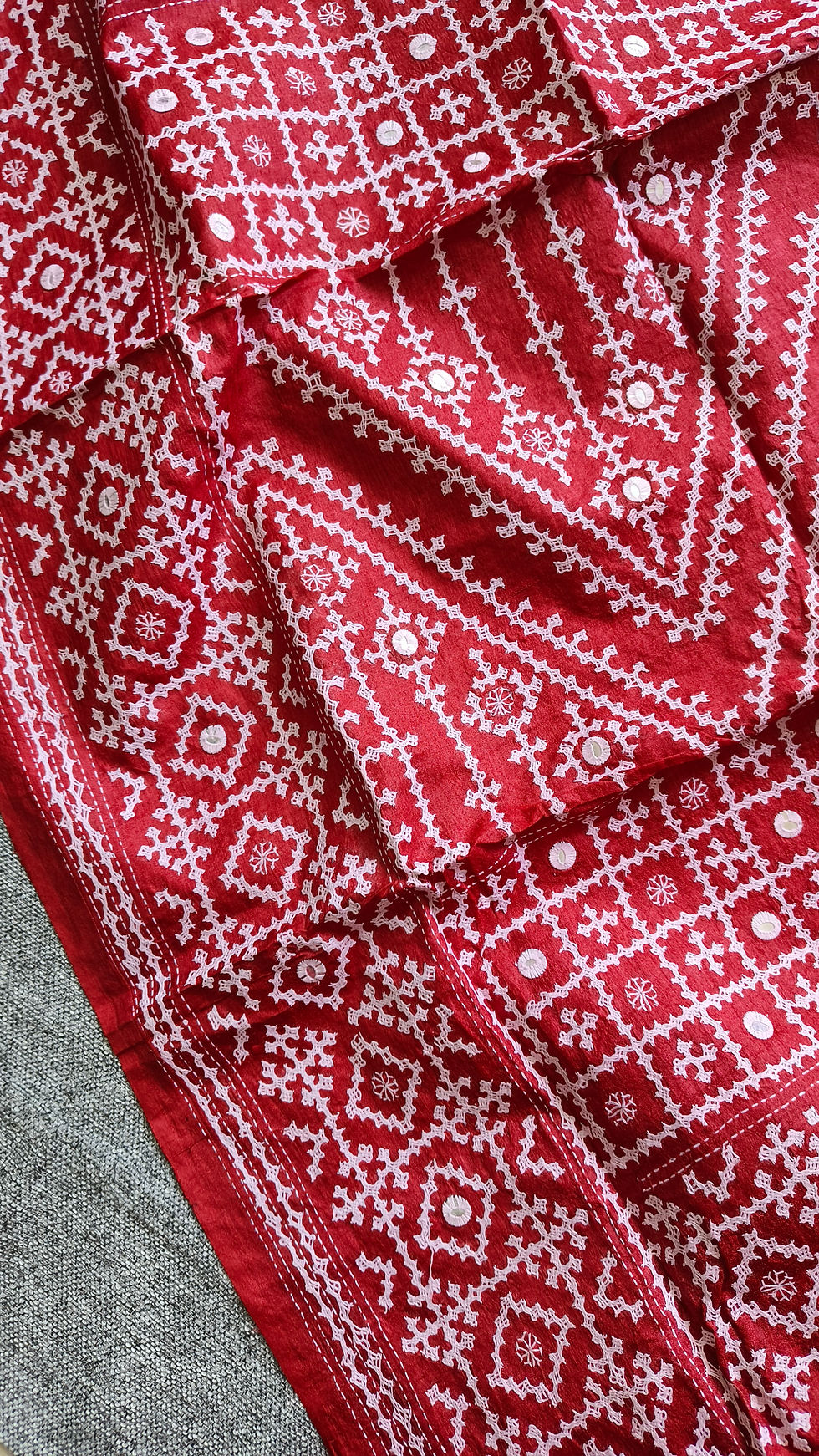 Thumbnail: Premium Pure Gachi Tussar Silk Saree showcasing geometric Kutchi Bharat hand embroidery