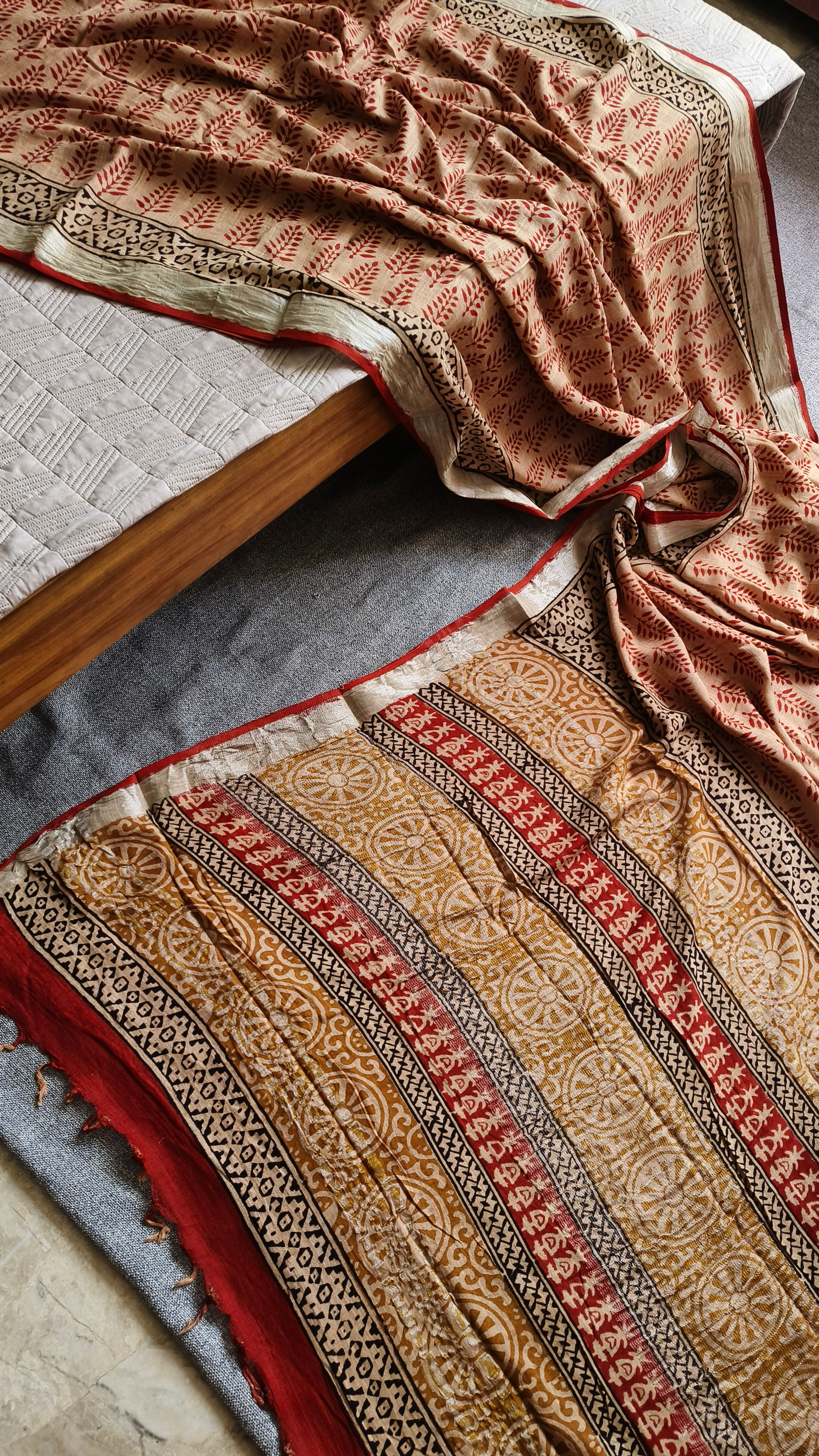 Hand Block Printed Linen Cotton Saree CreamyDreams