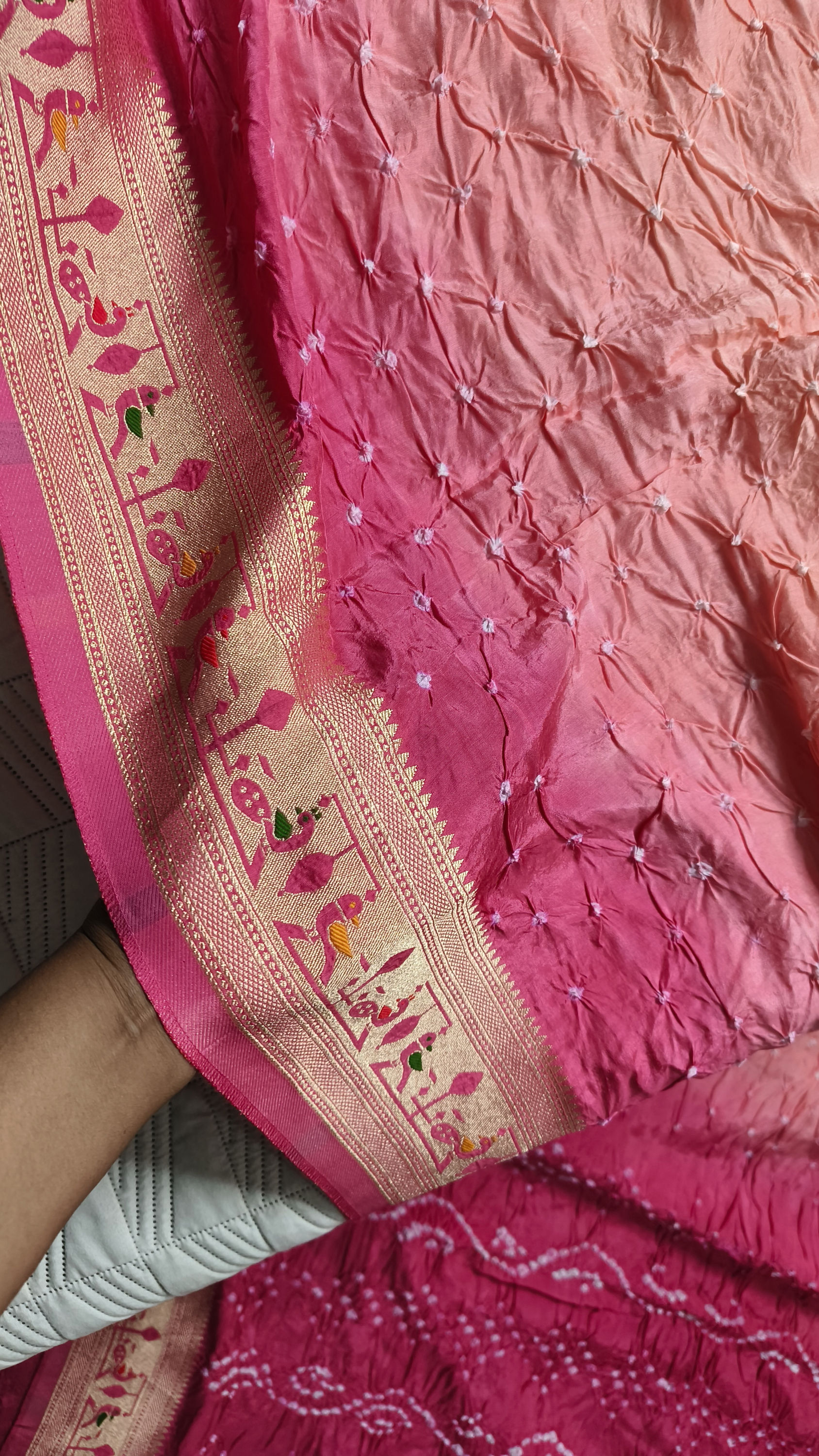 Handcrafted Bandhani Silk Saree with Paithani Style Border and Pallu