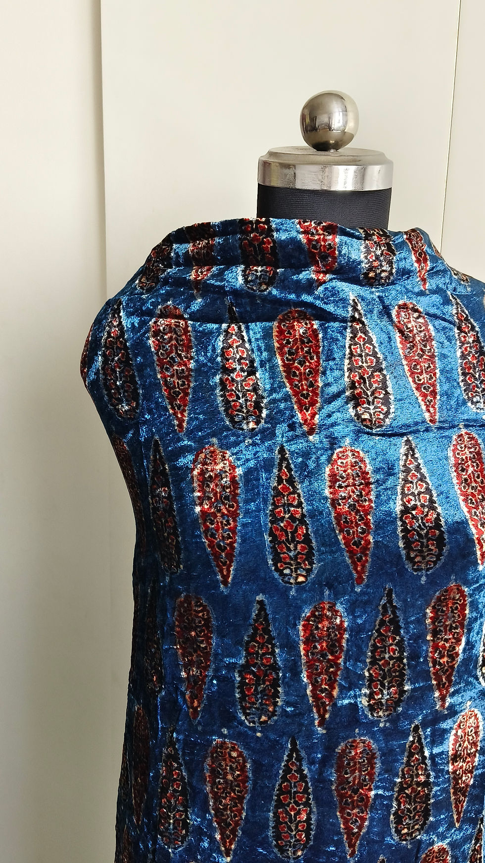 Thumbnail: Ajrakh velvet fabric showcasing indigo leaf motifs in handblock print