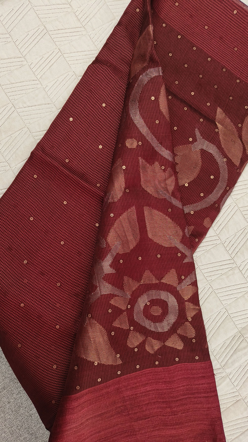 Pure handwoven muslin silk saree with kota checks and jamdani zari pallu full drape