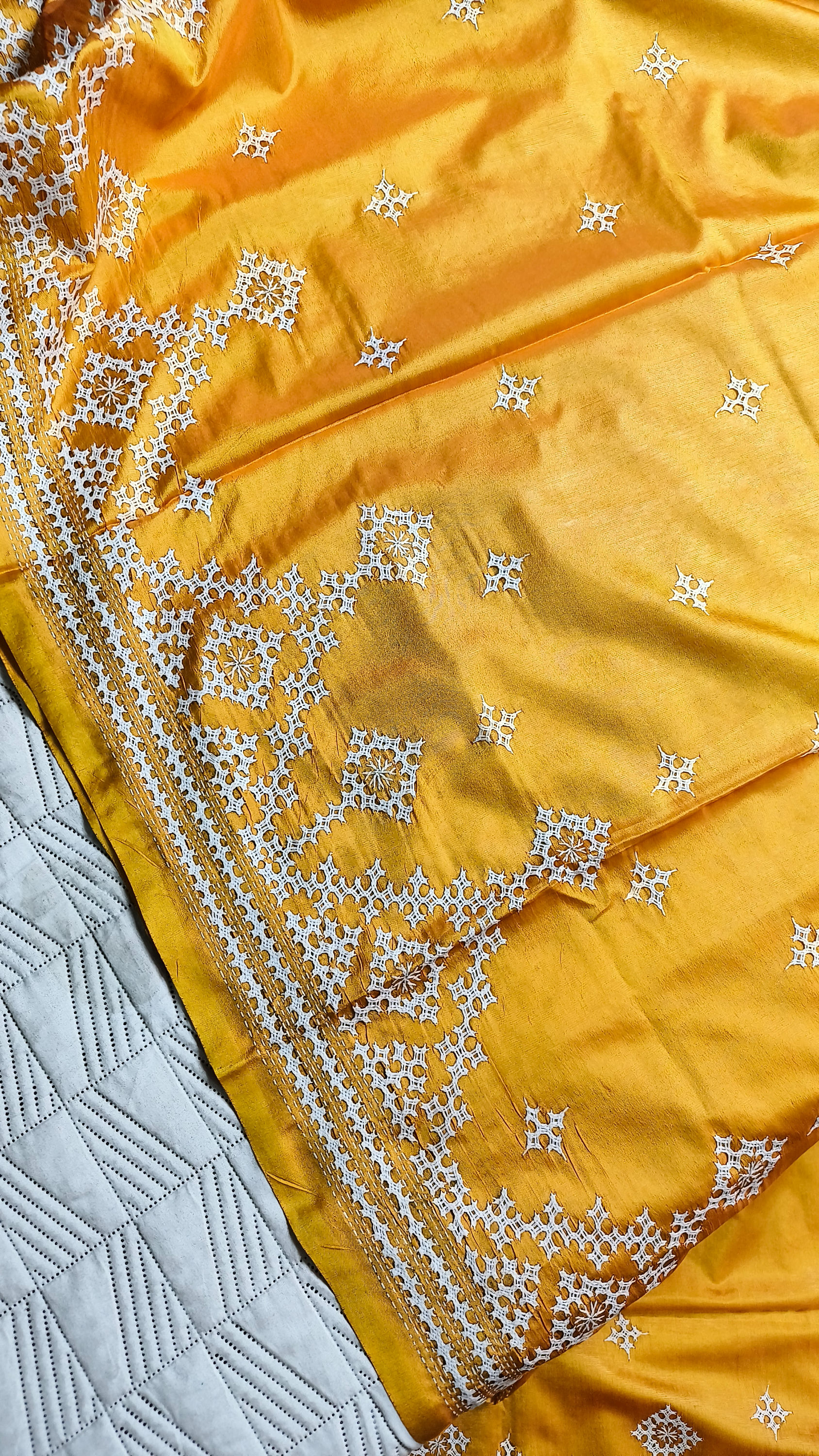 Border of Handcrafted Kutch Work on Silk Saree for Haldi Ceremony