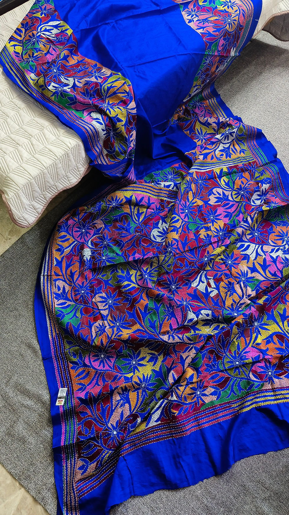 Thumbnail: Full view of handcrafted Reverse Kantha Pure Bangalore Silk Saree