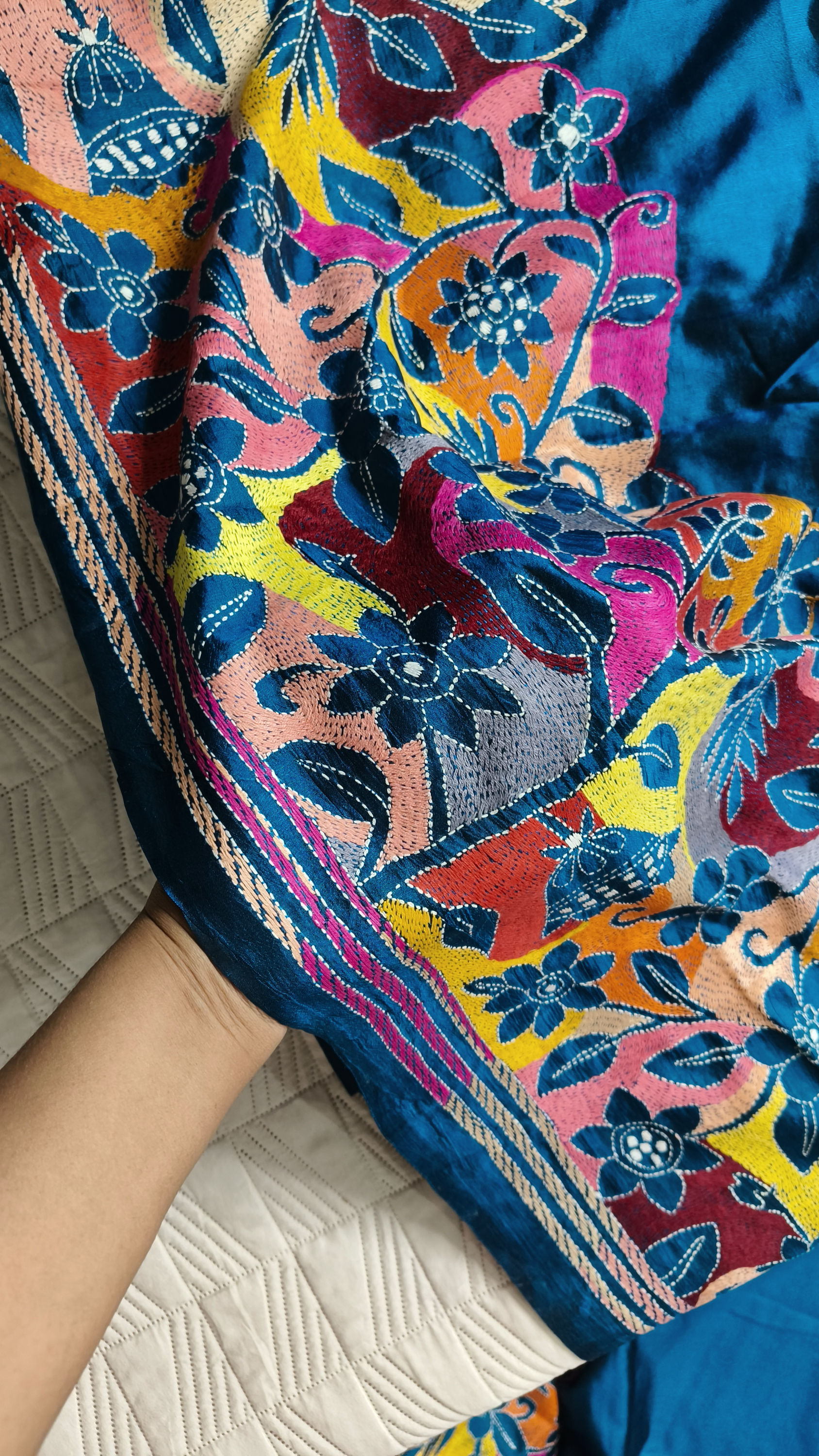Reverse Kantha Hand Work Pure Bangalore Silk Saree- Blue