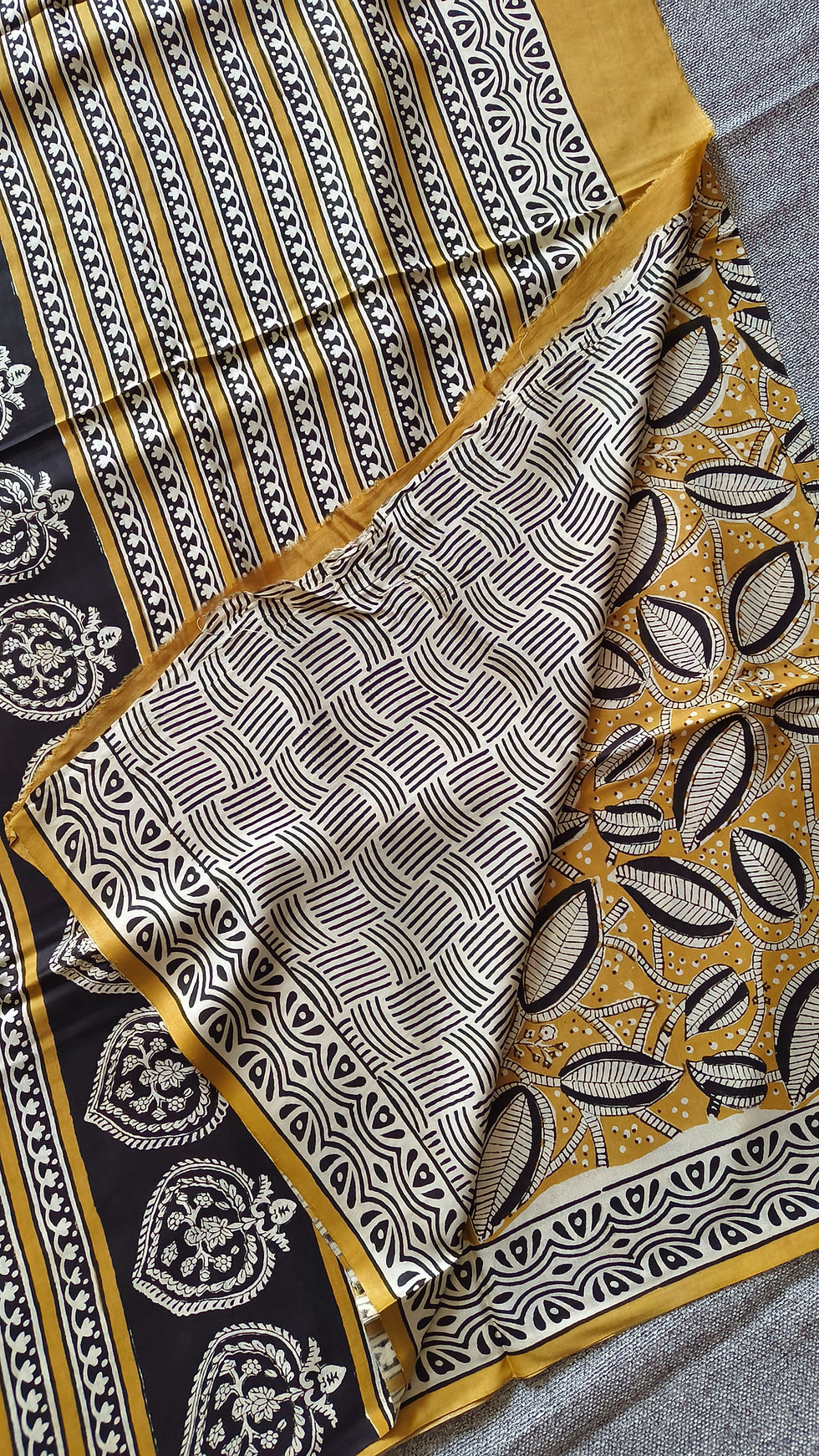 Thumbnail: Modal silk saree with Vanaspati handblock mustard yellow motifs styled for office and summer wear