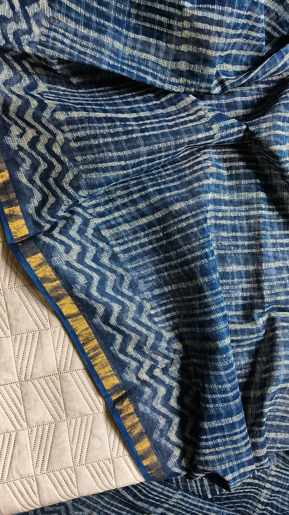 Bagru block print border on lightweight Kota Doria saree