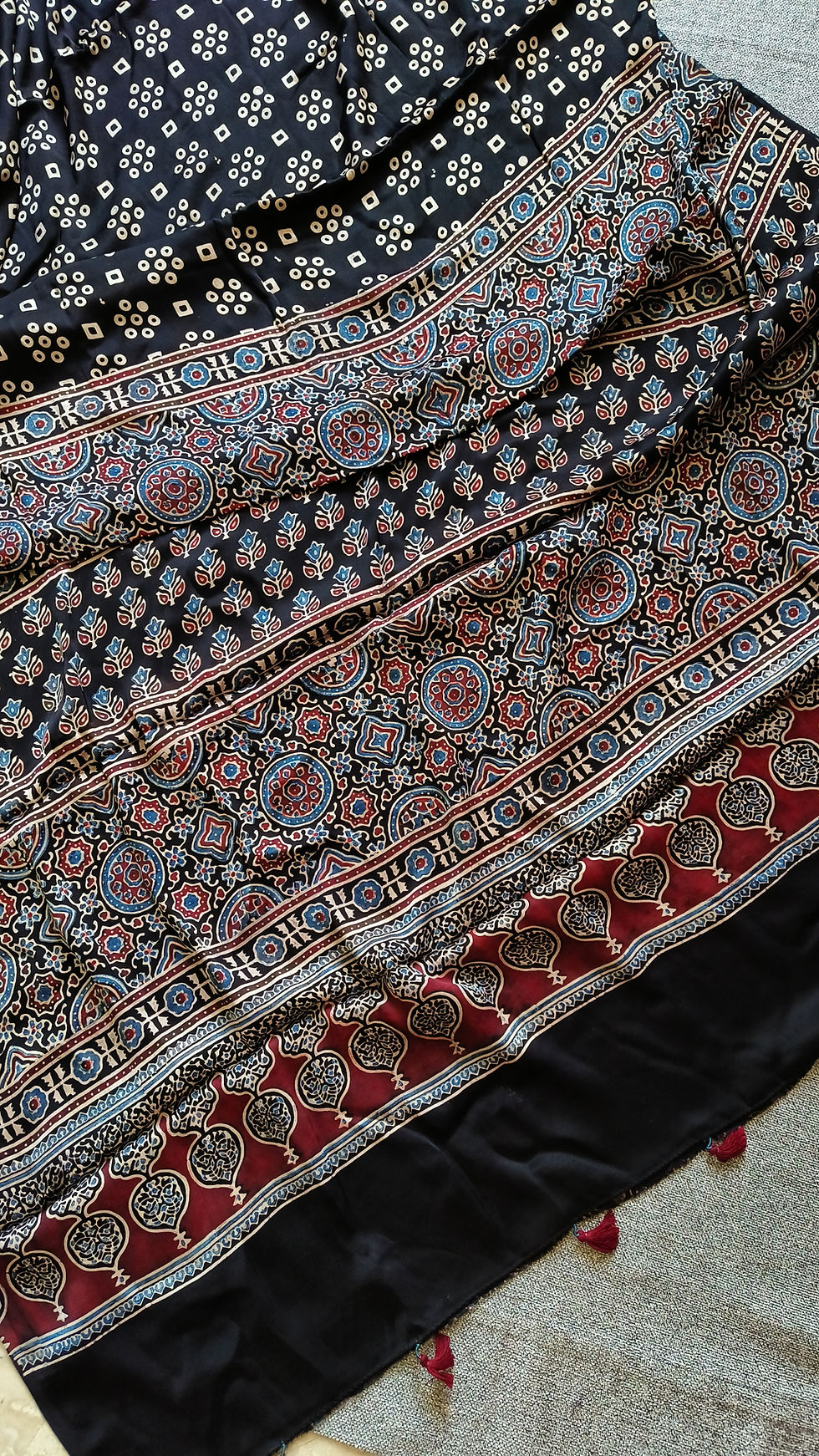 Thumbnail: Pure handblock printed ajrakh modal silk saree pallu