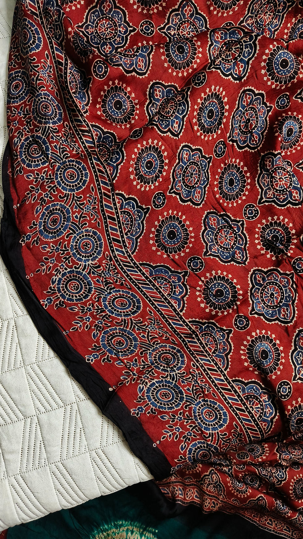 Traditional Ajrakh hand block print on saree body