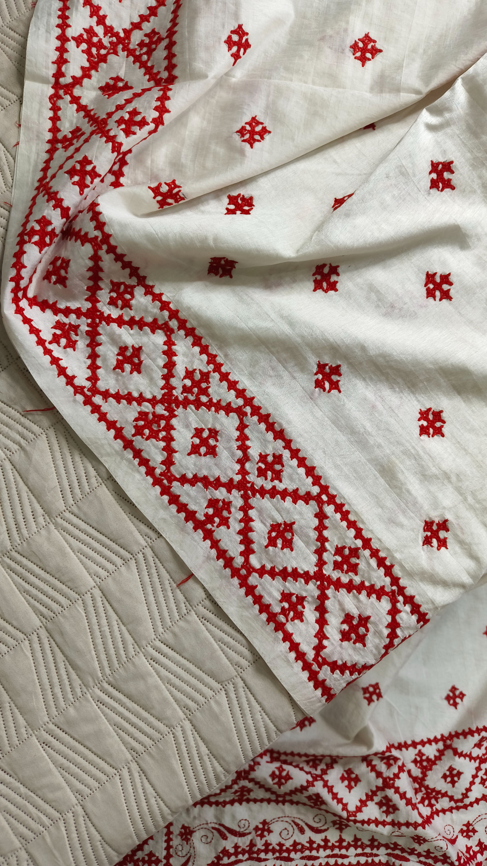 White and Red Kutchi Bharat Hand Embroidered Silk Saree