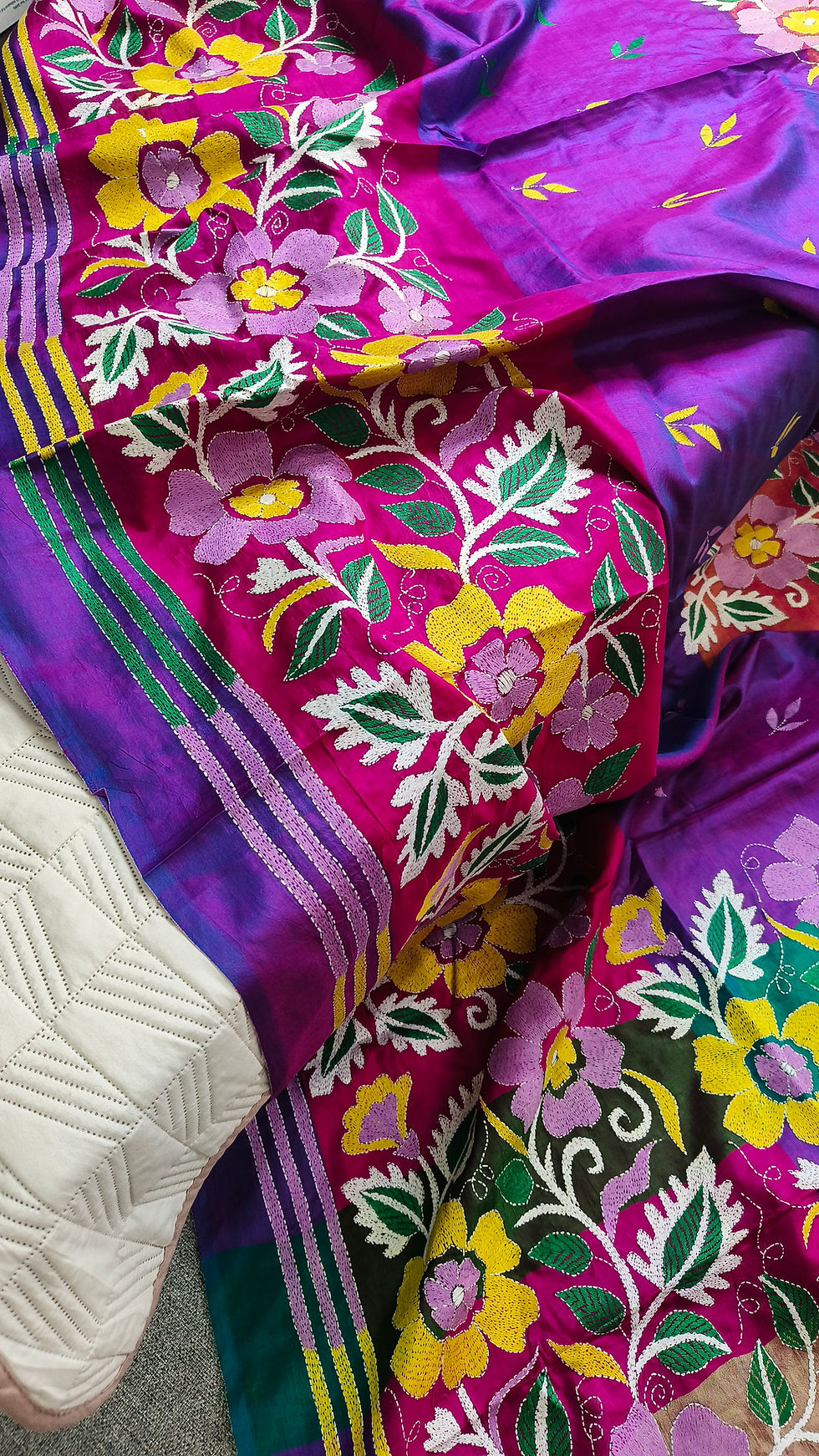 Close-up of Kantha embroidered border on Pure Bishnupuri Katan Silk Saree