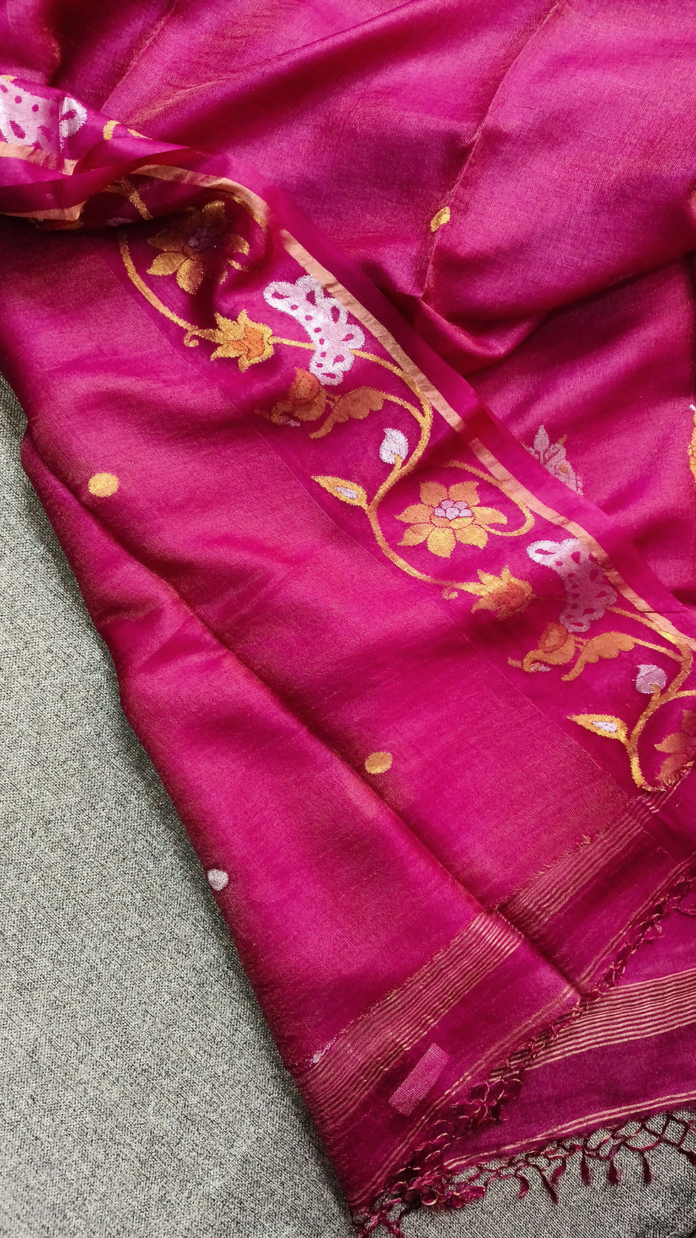 Thumbnail: Pure tussar silk jamdani saree with peacock motif