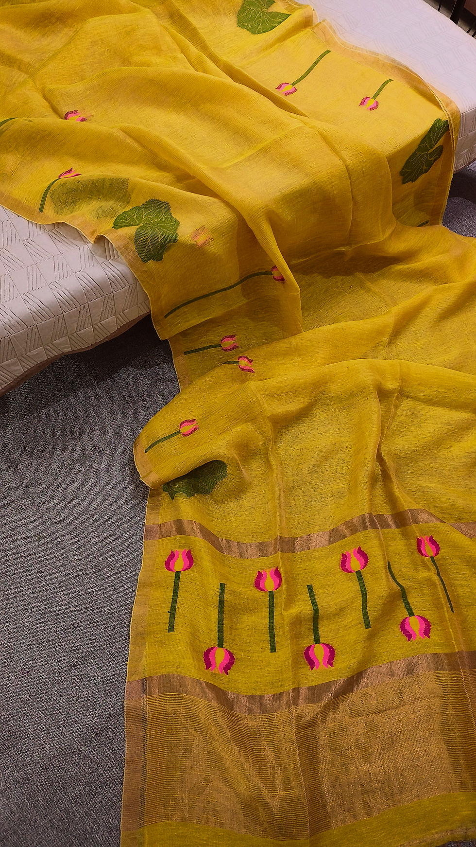 Silk Linen Jamdani Saree with Lotus Motif - Haldi Ceremony