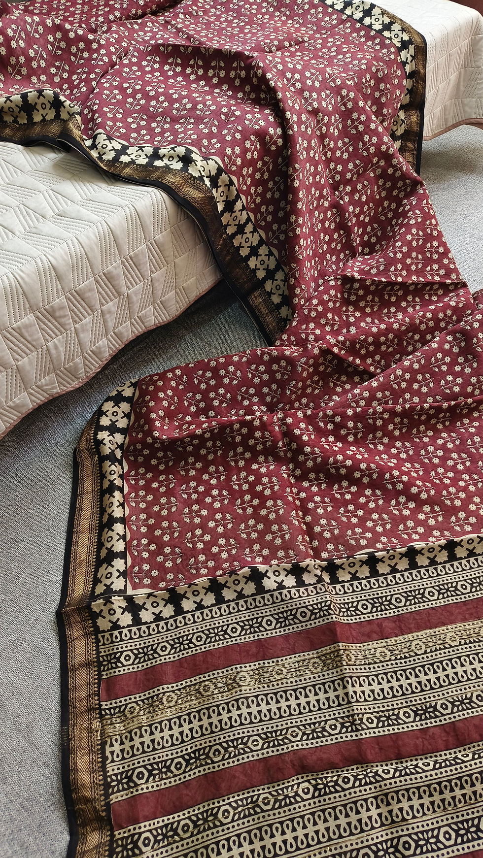 Thumbnail: Handblock printed Maheshwari cotton silk for summer office wear, lightweight and breathable Saree