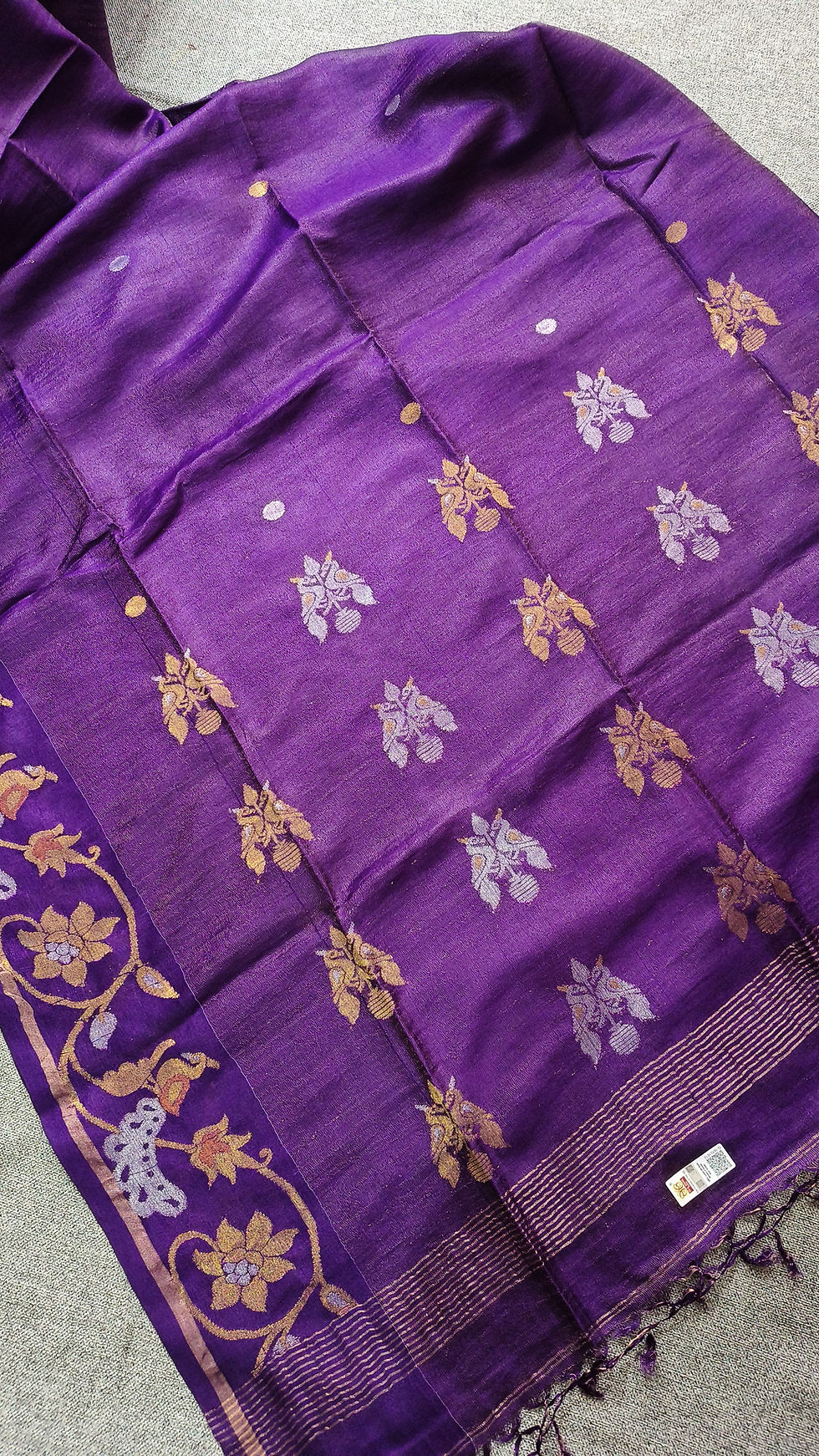 Thumbnail: Pure tissue tussar silk jamdani saree with peacock motif