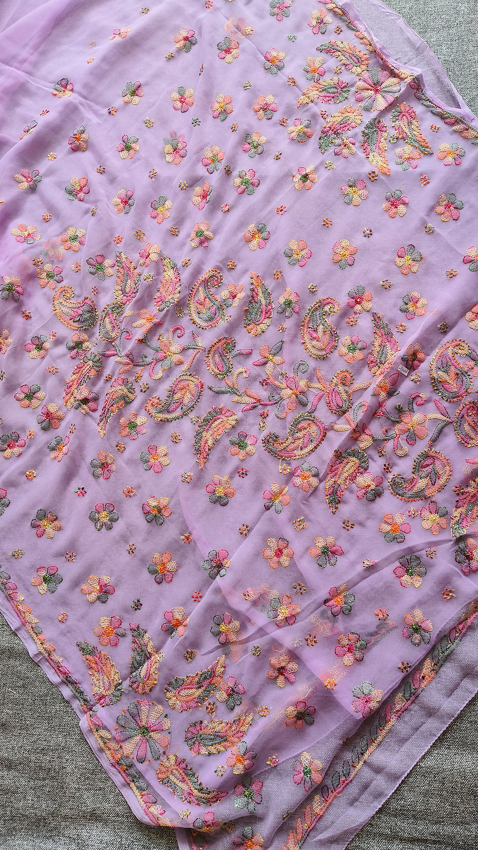 Thumbnail: Pastel georgette Chikankari saree with multicolour embroidery, buta motifs and embroidered pallu