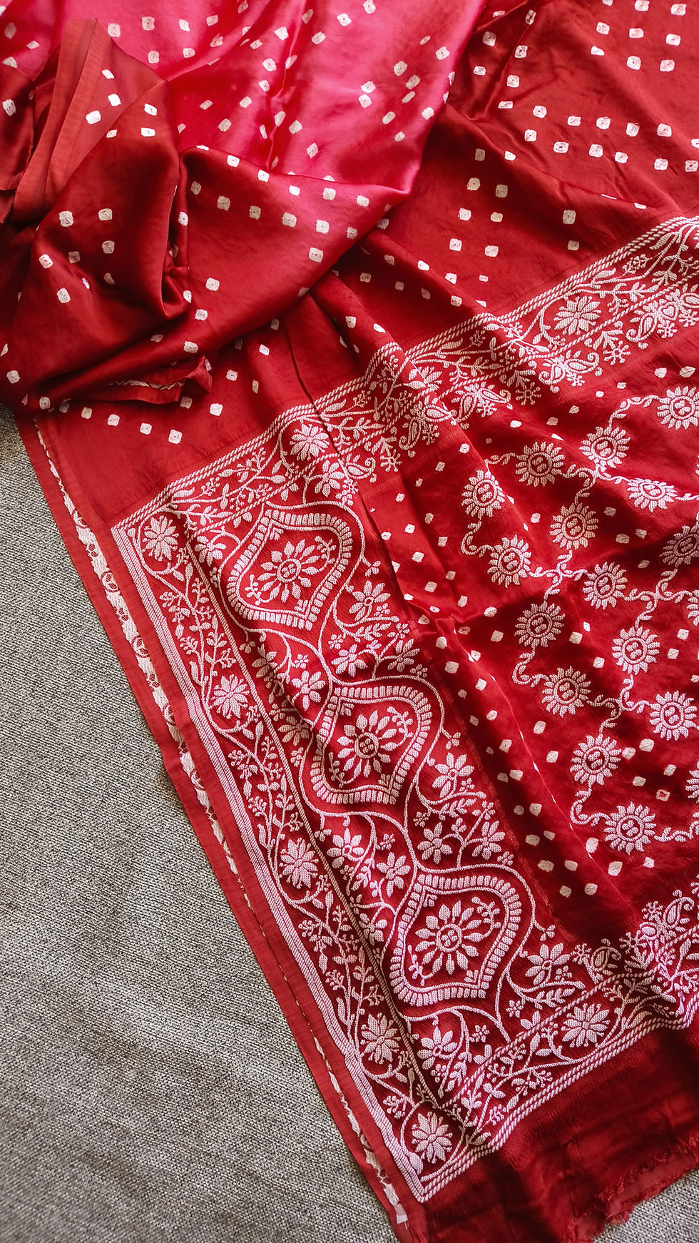 Thumbnail: Handmade Designer Bandhani Modal Silk Saree RedWithPink