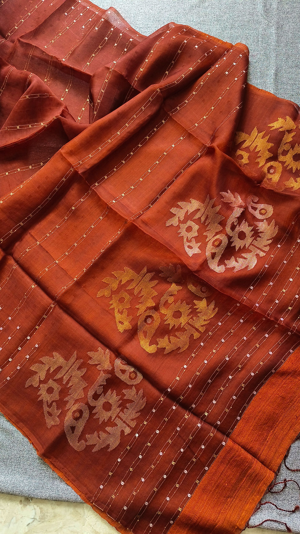 Pure Muslin Silk Jamdani Saree with Handwoven Embellished Border- Rust