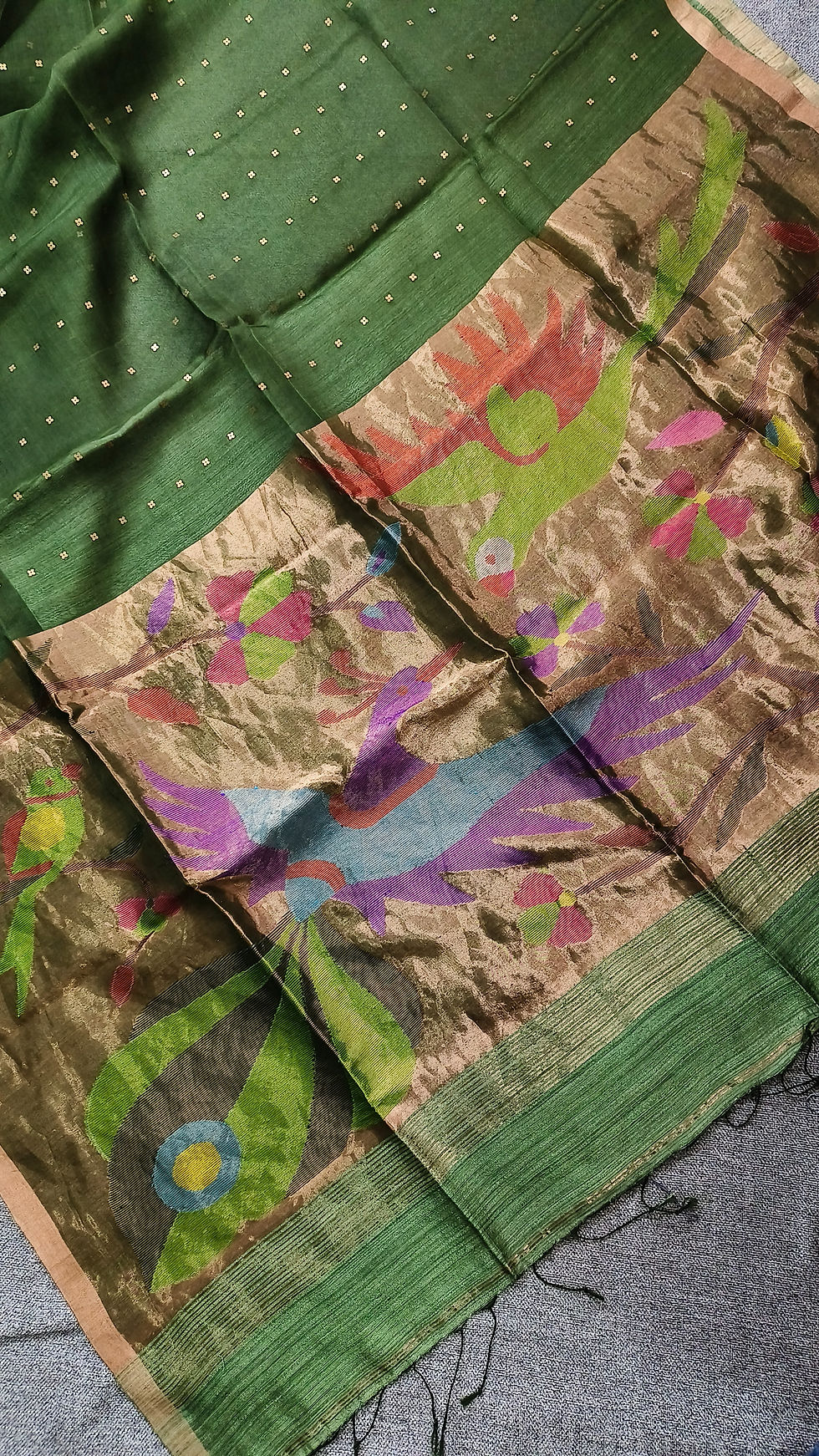 Thumbnail: Mehendi Green Handwoven Pure Muslin Silk Saree with Paithani Style Jamdani Pallu and Sequins