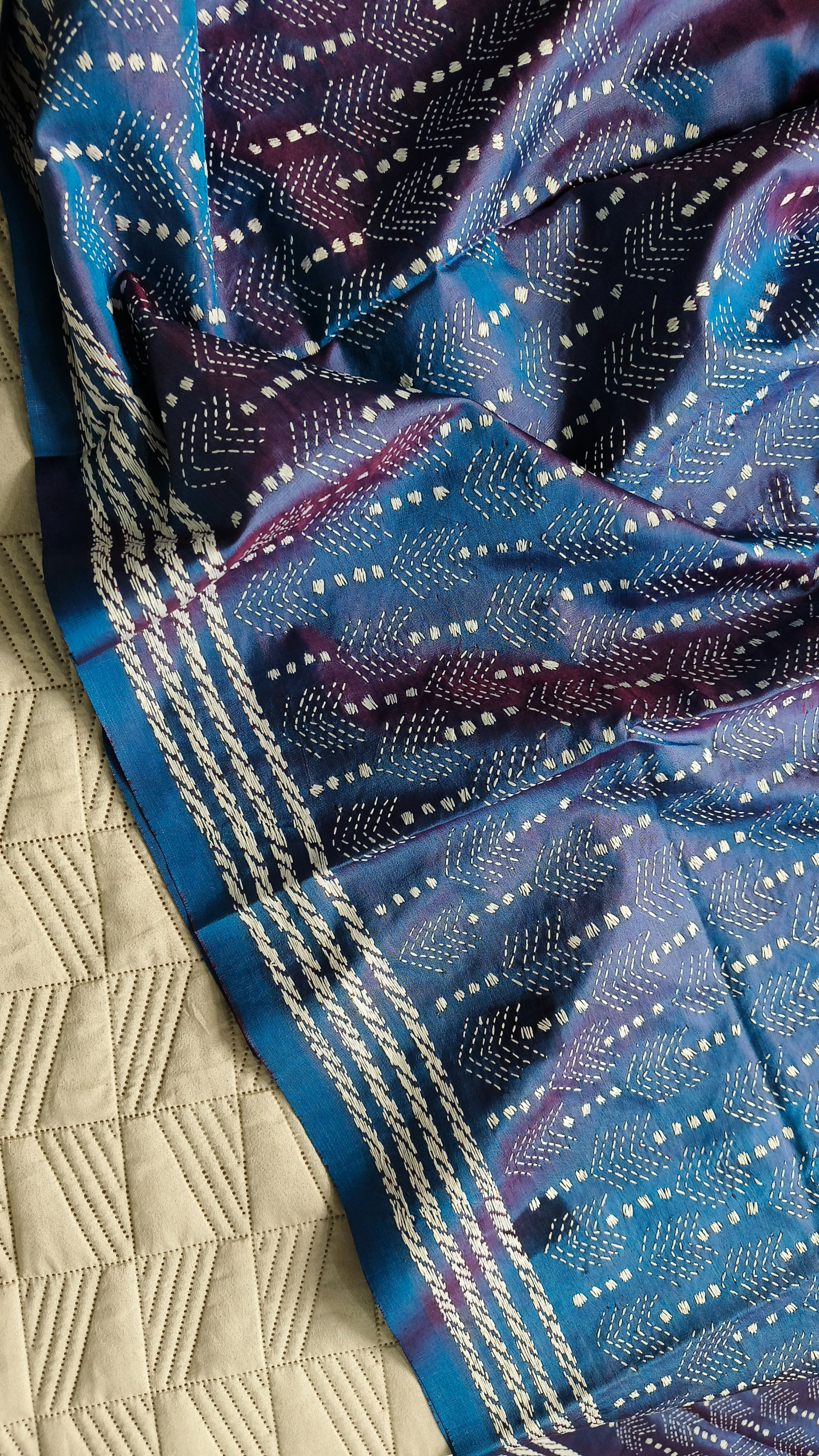 Dhupchaanv Kantha Stitch Silk Saree - Blue