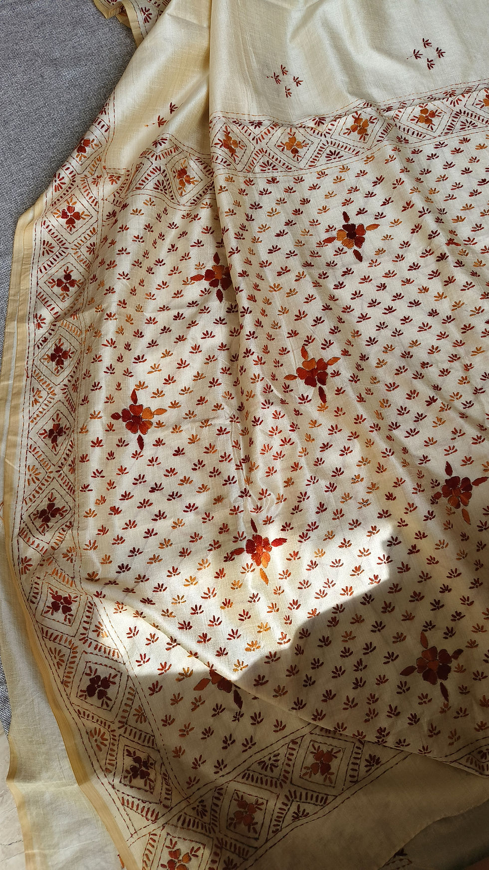 Thumbnail: Phulkari Handwork Saree CreamWithBrown