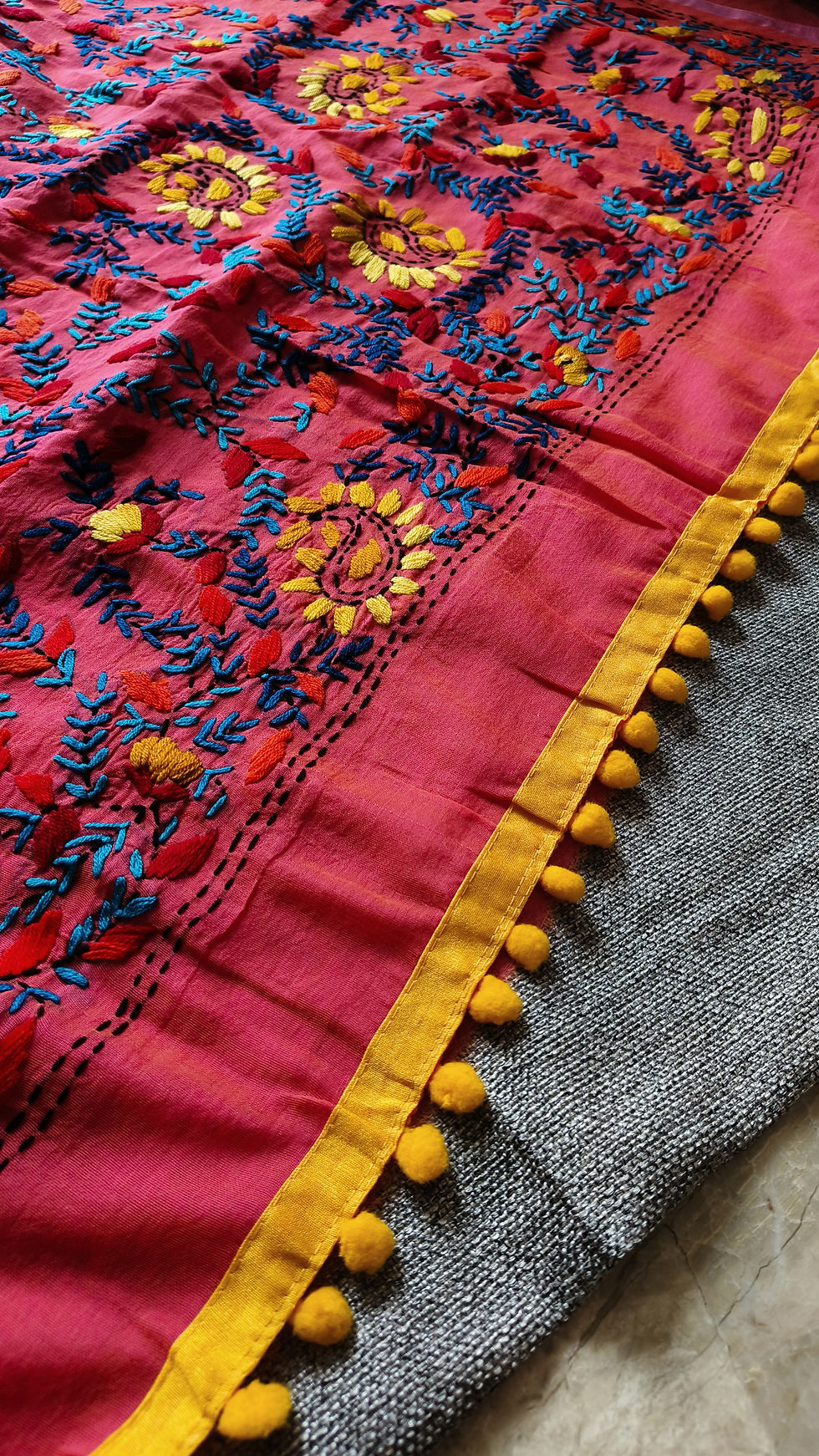 Thumbnail: Chanderi Cotton Silk Saree with Phulkari hand embroidery MildOrange
