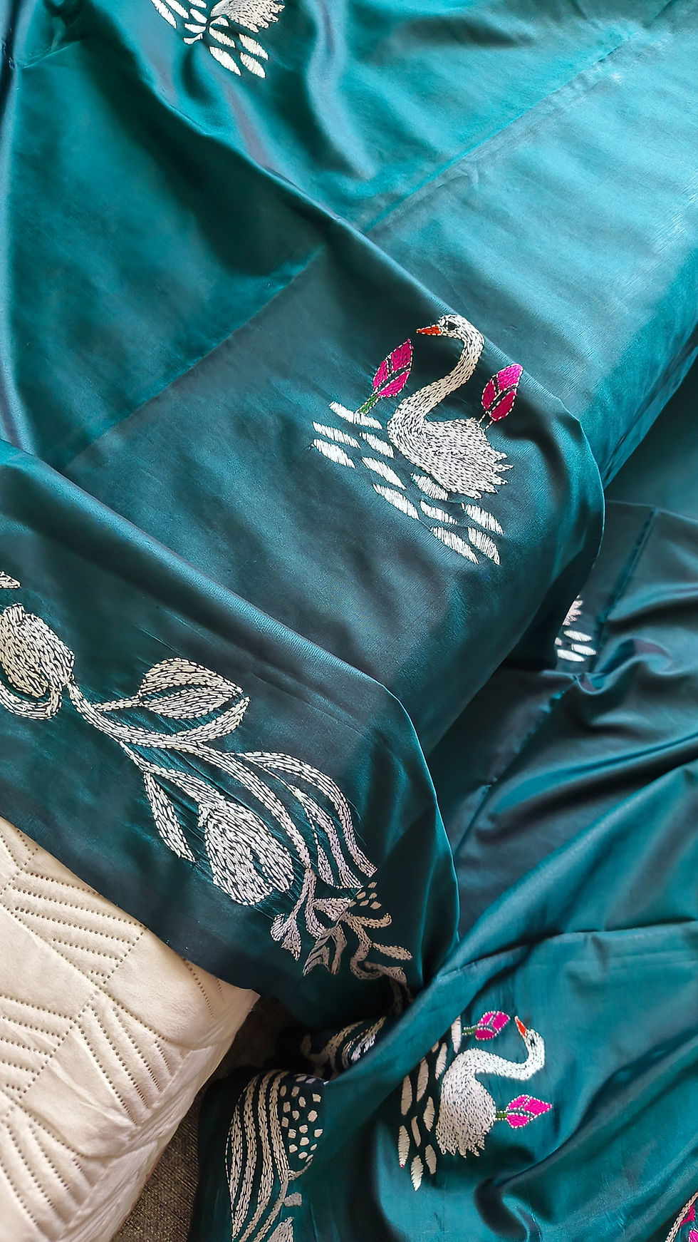 Thumbnail: Full view of handcrafted Kantha Bangalore Silk Saree