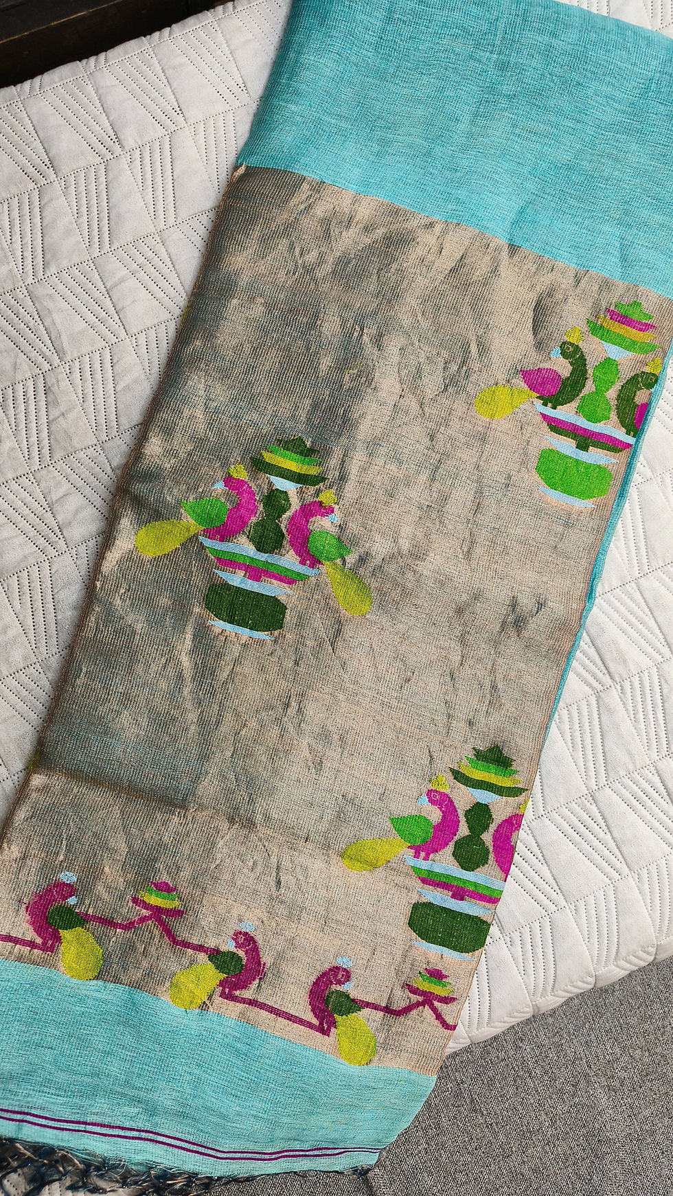 Thumbnail: Pure Silk Linen Jamdani Saree with Paithani Style Pallu