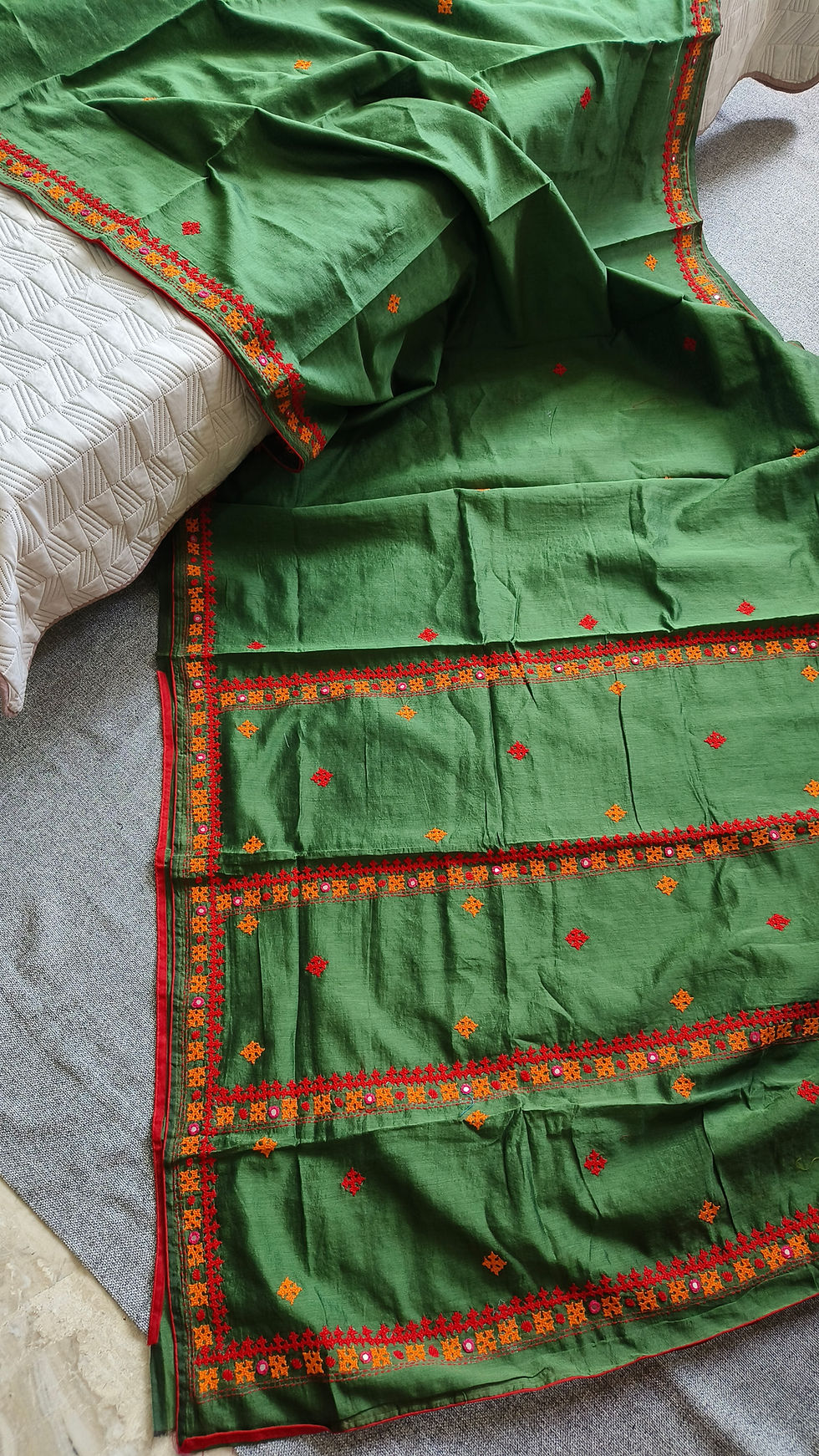 Kutchi Bharat Hand Embroidered Chanderi Cotton Silk Saree