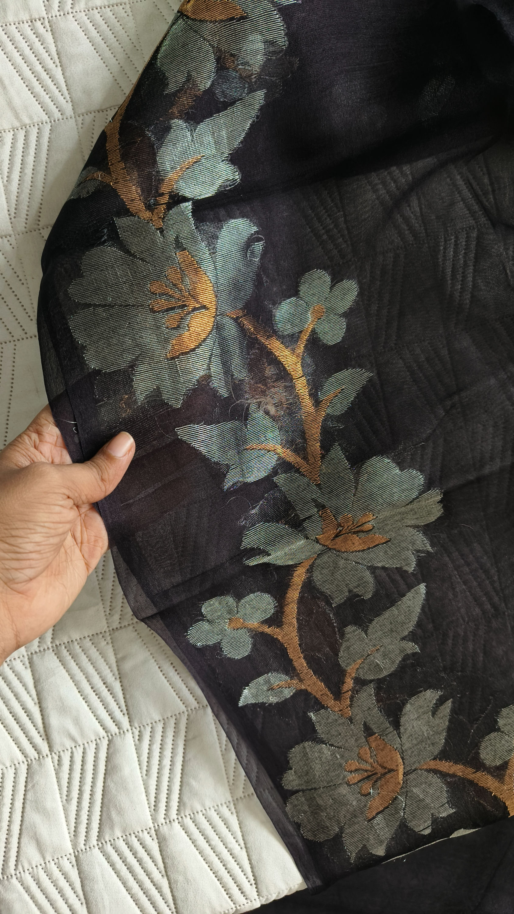 Designer Pure Muslin Silk Jamdani Saree with Handwoven Floral Border- Black