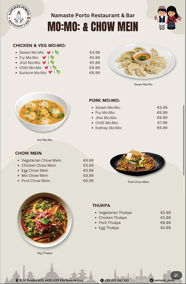 Namaste Porto restaurant menu showcasing Indian and Nepalese dishes
