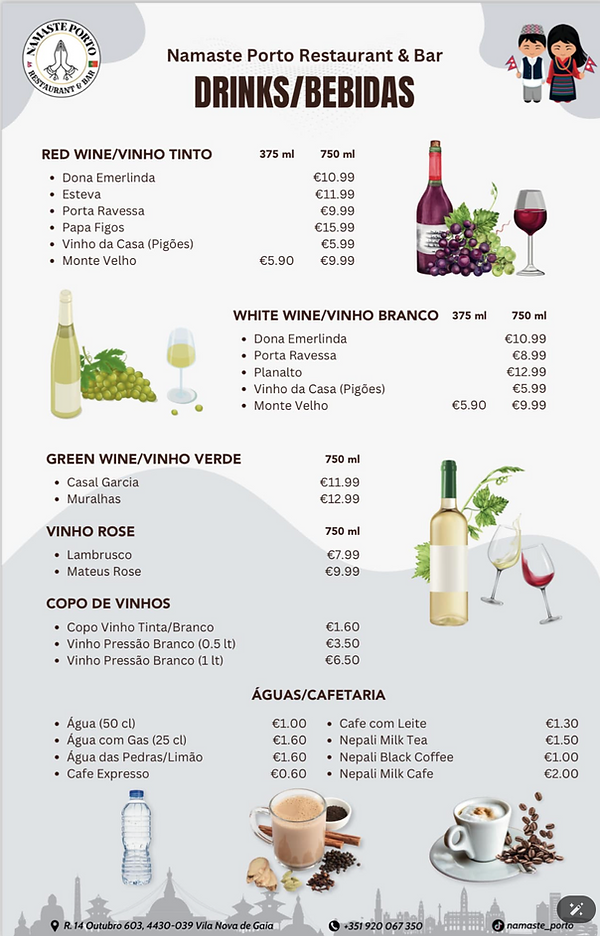 Namaste Porto Indian and Nepalese restaurant menu showcasing Drinks