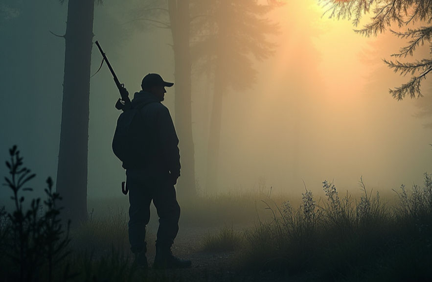 A deep-forest hunting scene at dawn, mist rising, with a lone hunter silhouetted against t